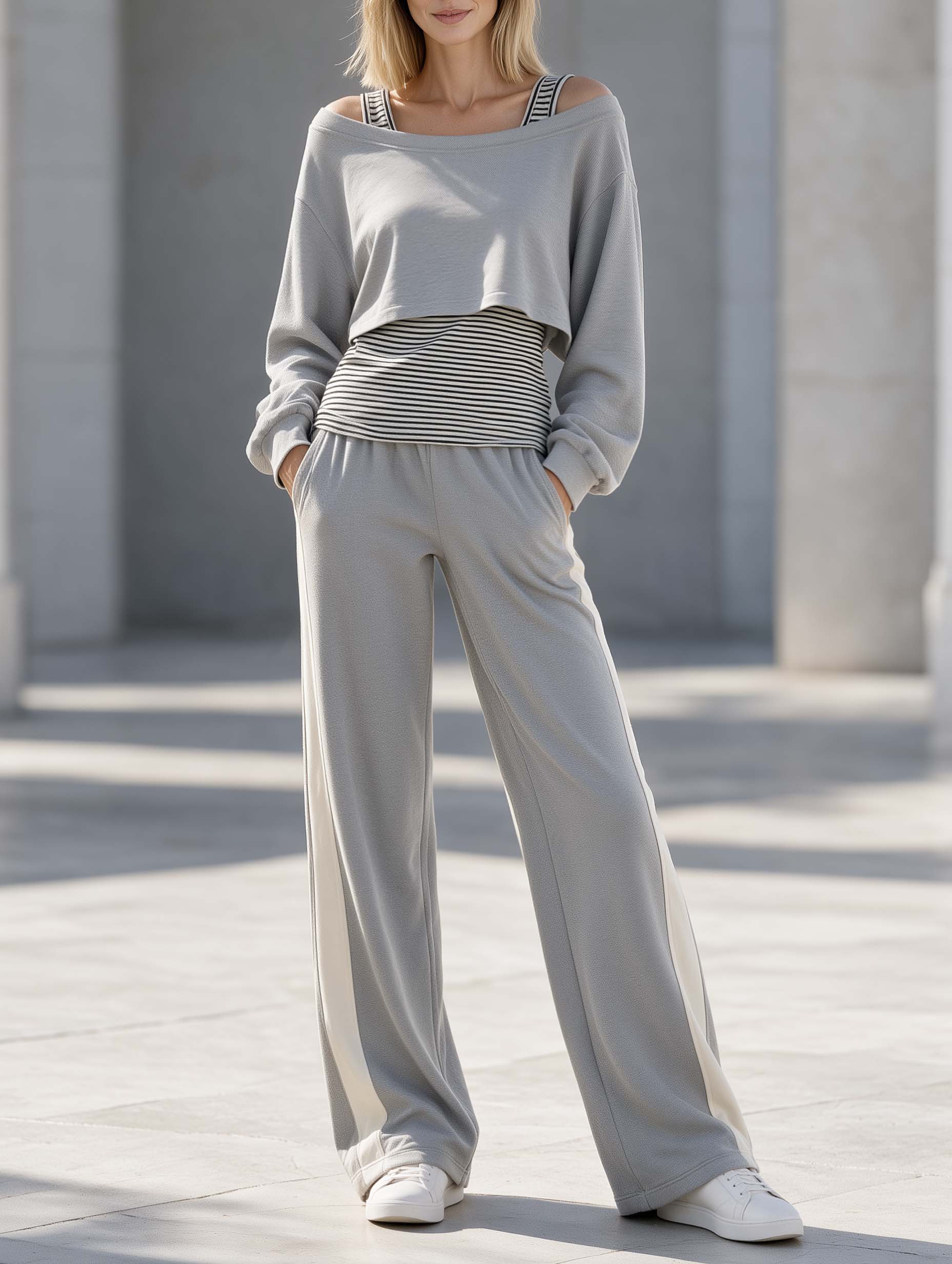 Stylish Casual Grey And Striped Color-block Off-shoulder Long-sleeve Top And Wide-leg Pants Set