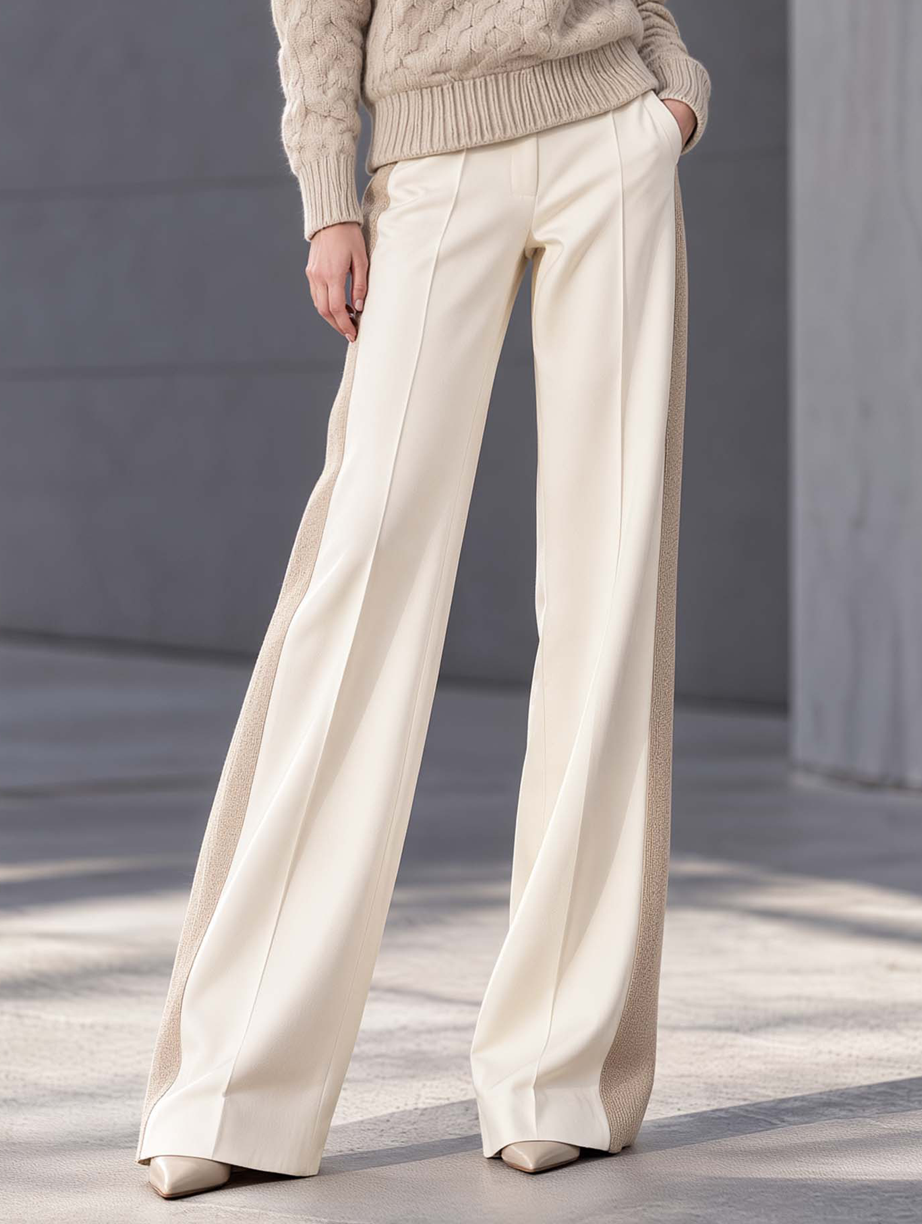 Stylish And Casual Off-white Color-block Wide-leg Trousers