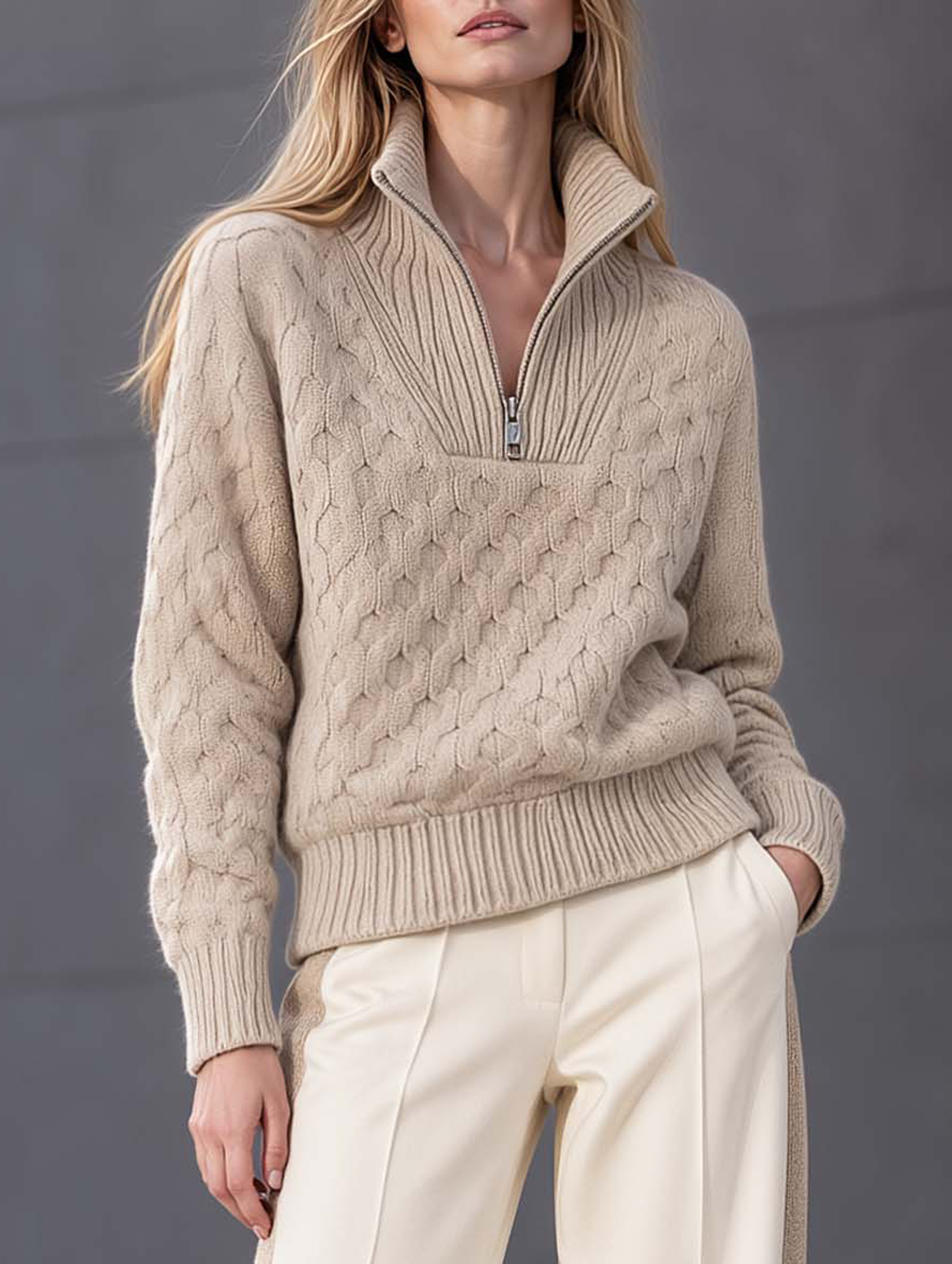 Stylish Khaki Long-sleeve Sweater With A Half-zip Collar
