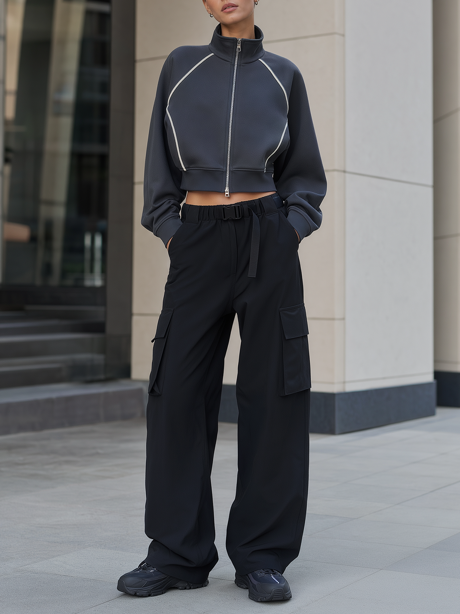 Dark Gray Cropped Stand-collar Jacket And Black Wide-leg Cargo Pants Set