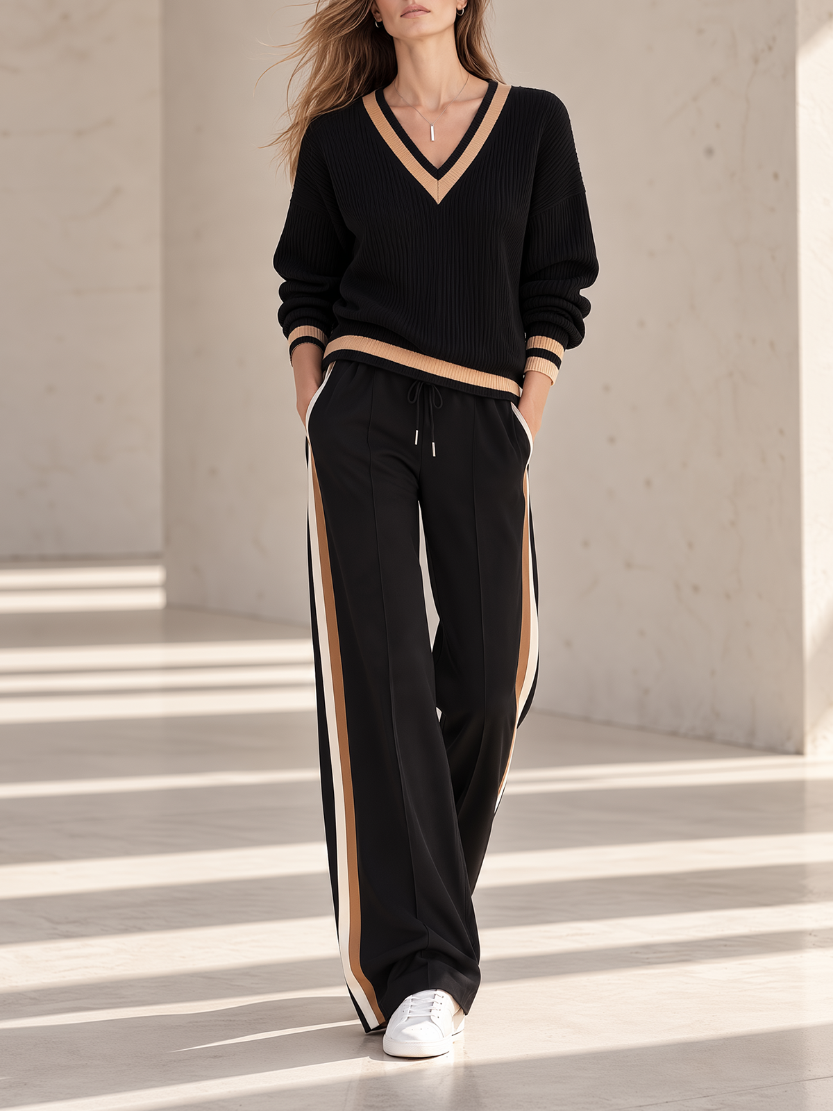 Black Camel Trim V-Neck Knit Sweater & Side Stripe Wide-Leg Pants Set
