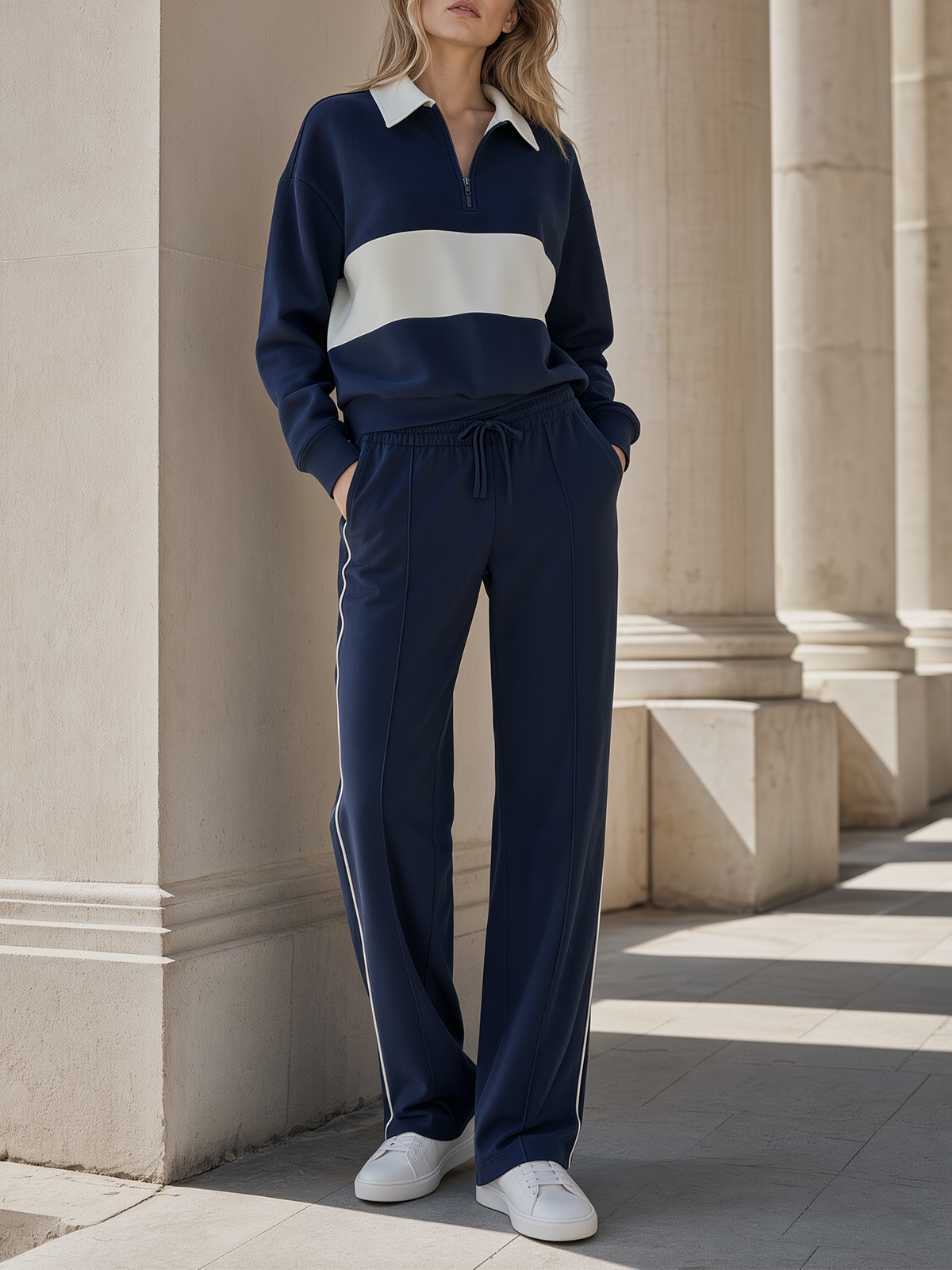Navy Stripe Half-Zip Collared Sweatshirt & Piping Straight-Leg Pants Set