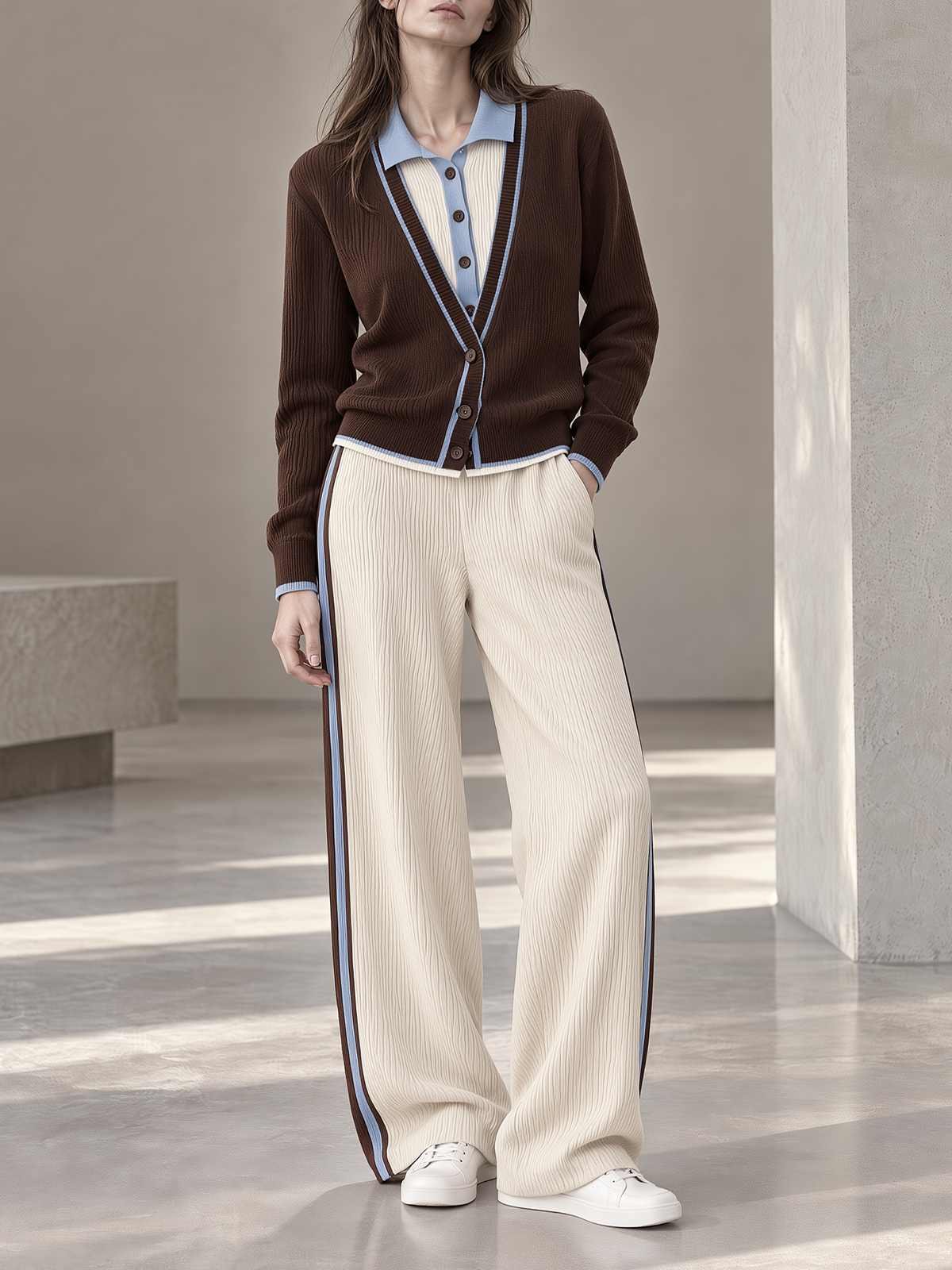 Brown Contrast Trim Knit Cardigan & Cream Side Stripe Wide-Leg Pants Set