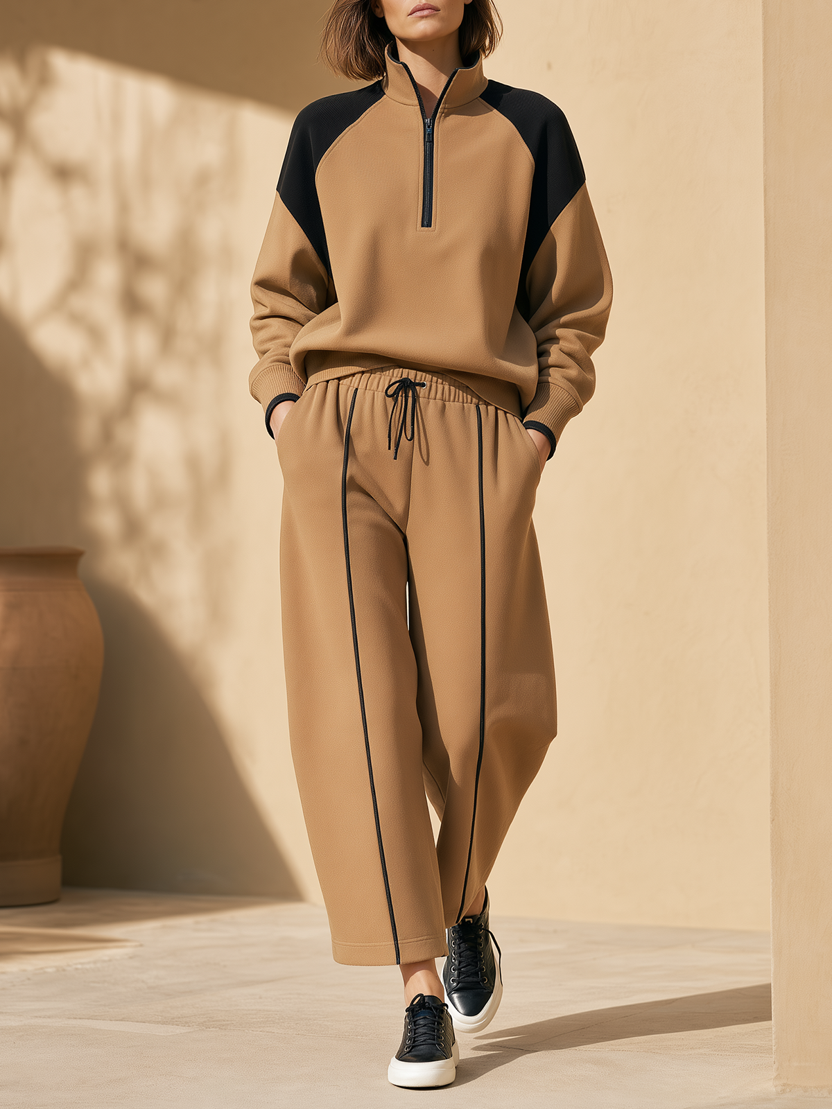 Camel Color-Block Half-Zip Sweatshirt & Piping Wide-Leg Pants Set