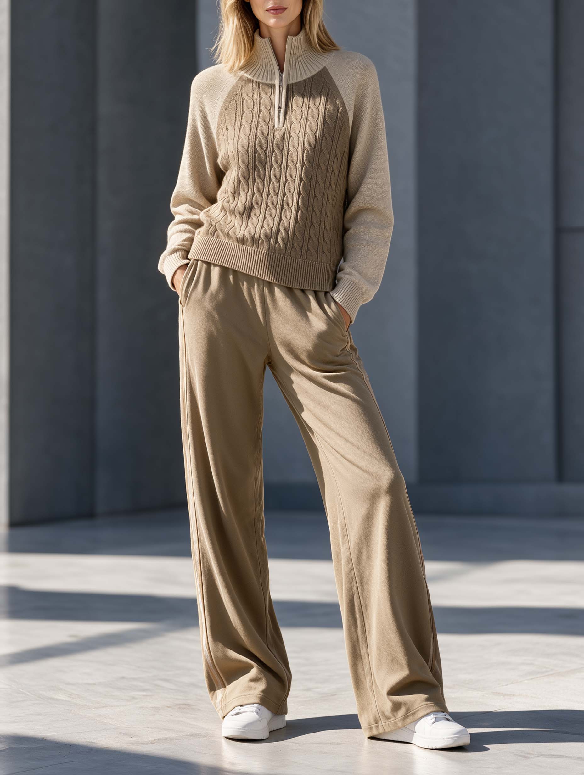 Stylish Casual Khaki Color-Block Cable-Knit Half-Zip Long-Sleeve Sweater And Pants Set