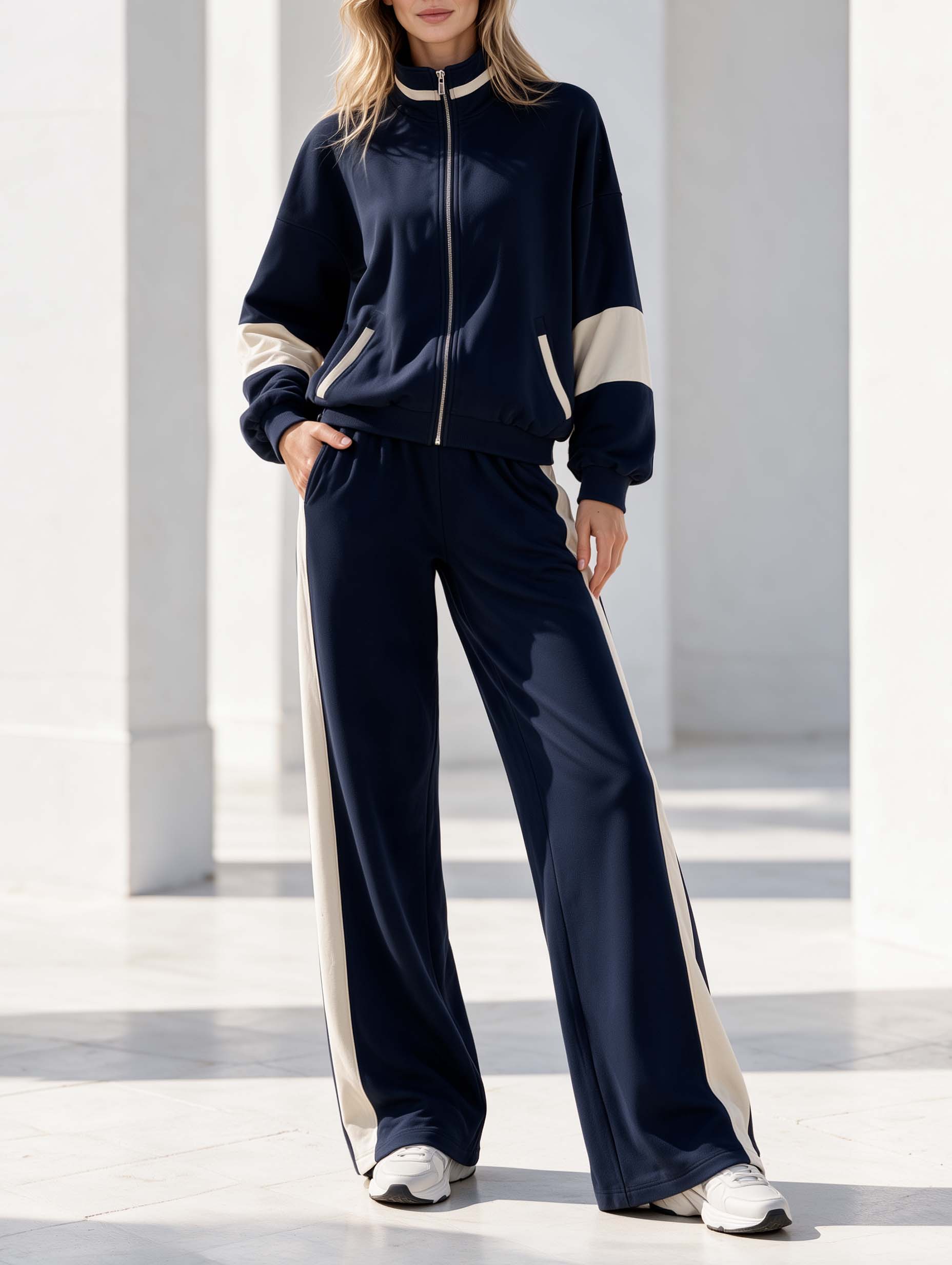 Casual Light-Sport Navy Color-Block Long-Sleeve Jacket And Pants Set