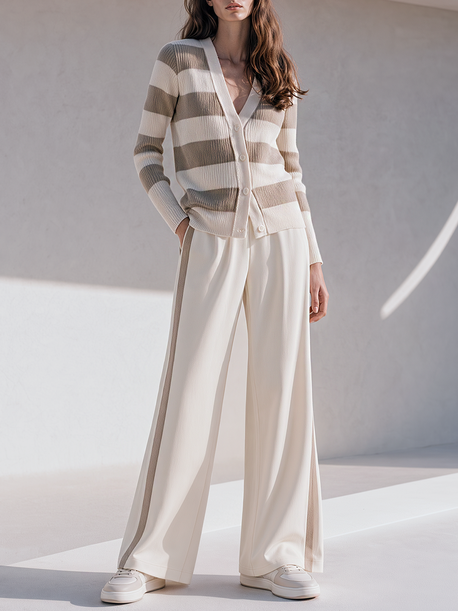 Color-block Striped V-neck Knit Cardigan And Casual Wide-leg Pants Set