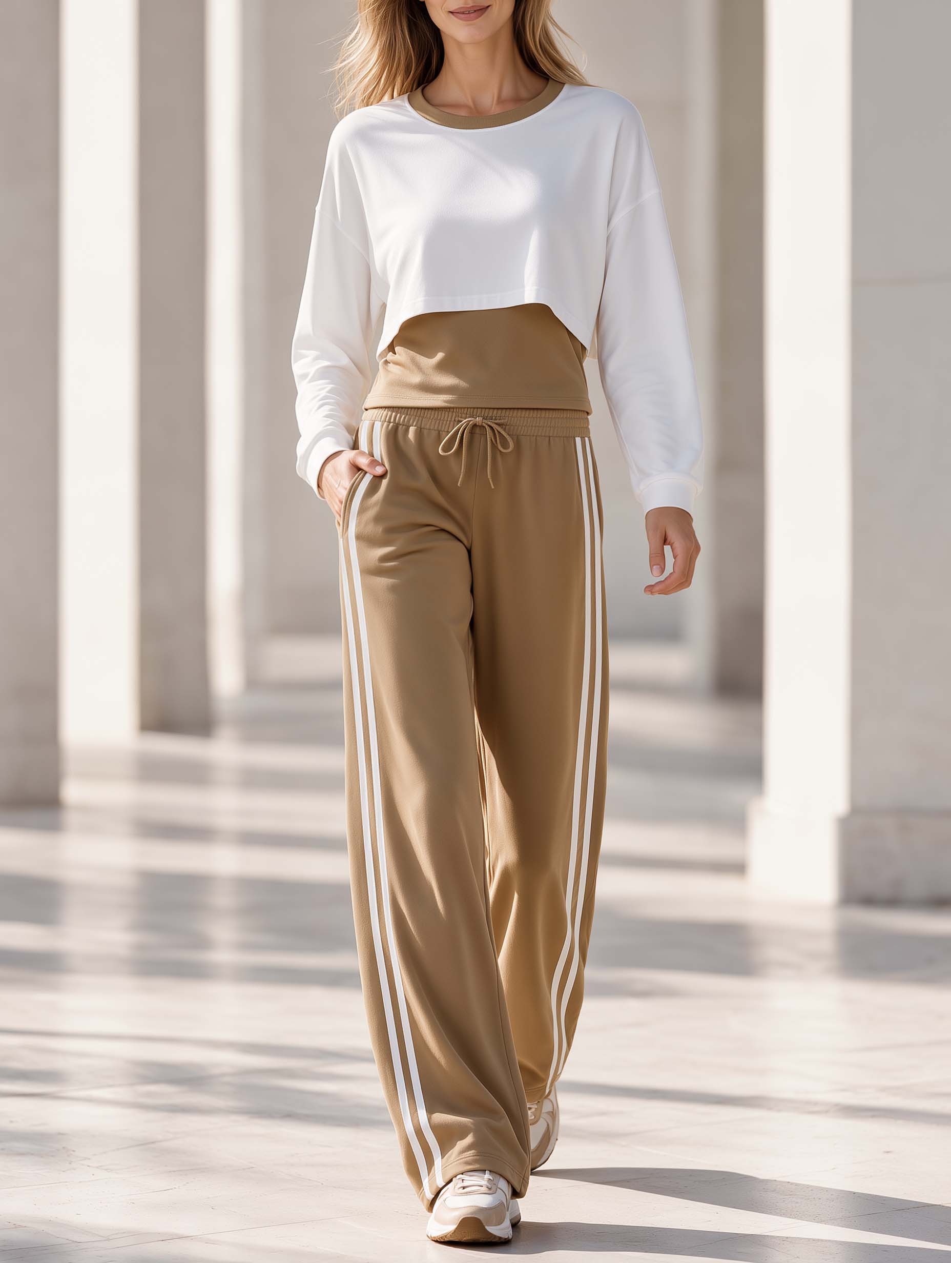 Stylish Casual Khaki And White Color-Block Long-Sleeve Top And Pants Set
