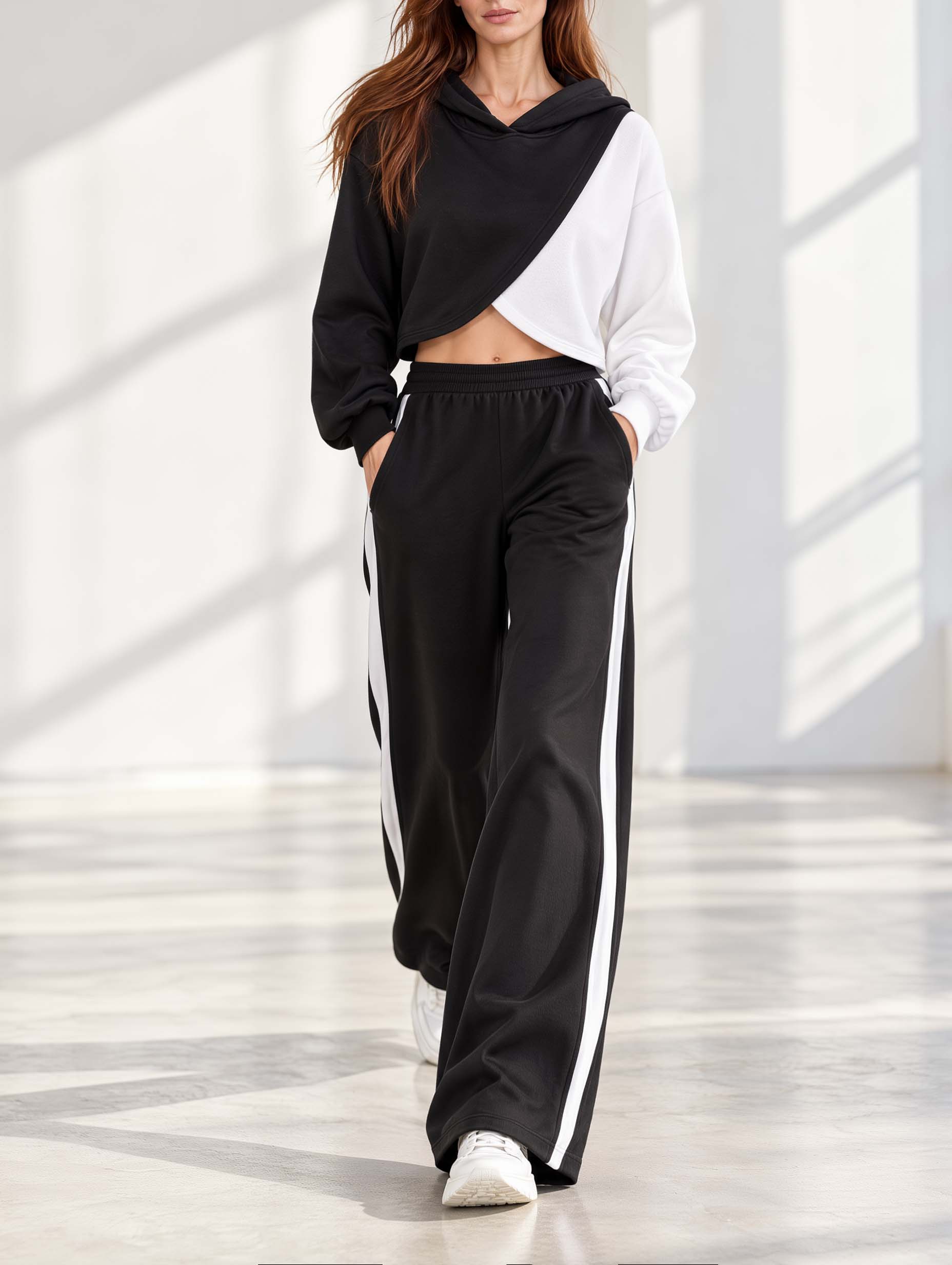 Stylish Black-and-White Color-Block Long-Sleeve Hoodie And Wide-Leg Pants Set