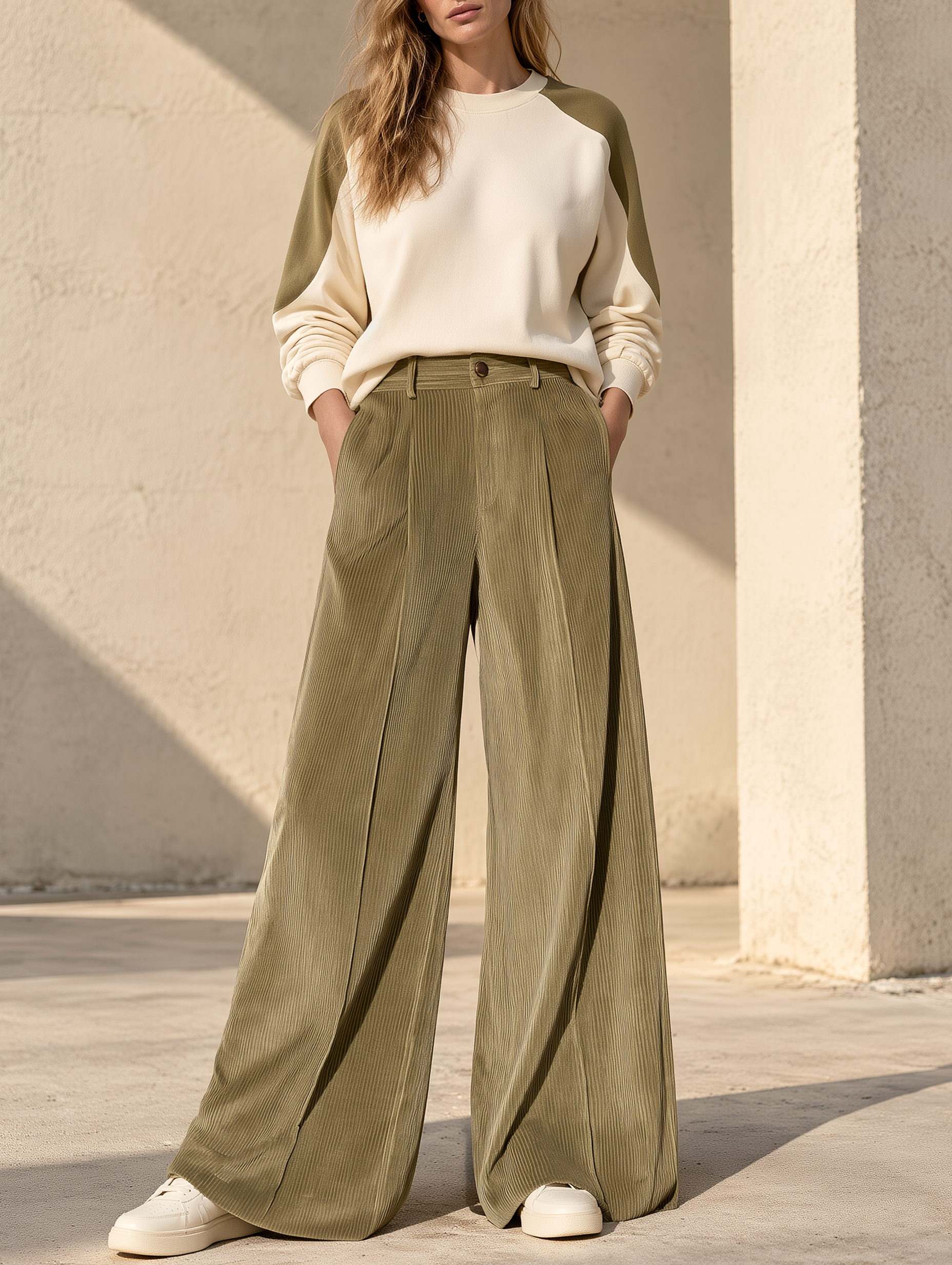 Color-block Long-sleeve Sweatshirt And Corduroy Wide-leg Pants Set