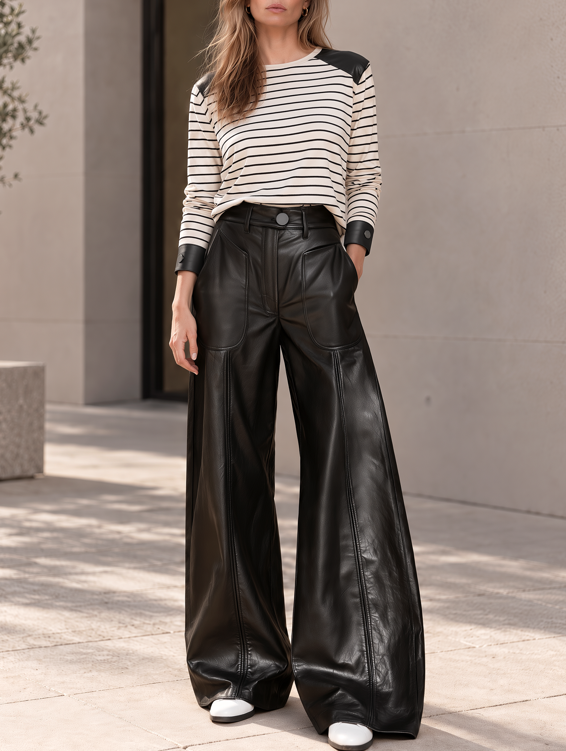 Stylish Striped Long-Sleeve Top And PU Leather Wide-Leg Pants Set
