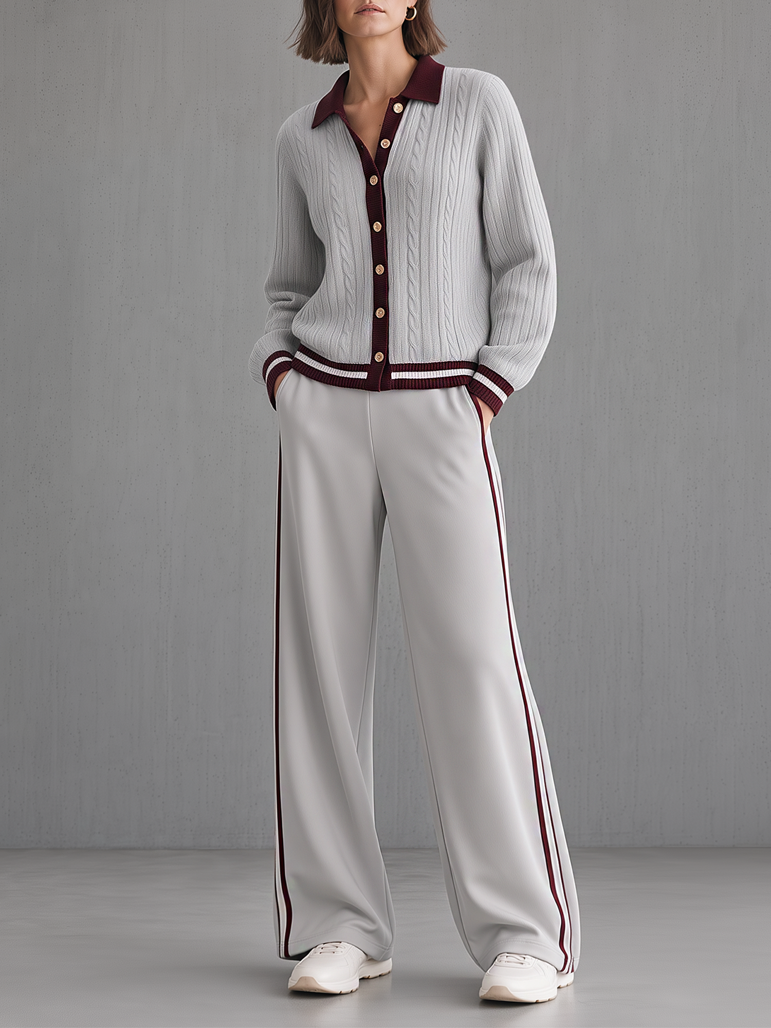 Grey And Burgundy Color-block Cable-knit Cardigan And Wide-leg Trousers Set