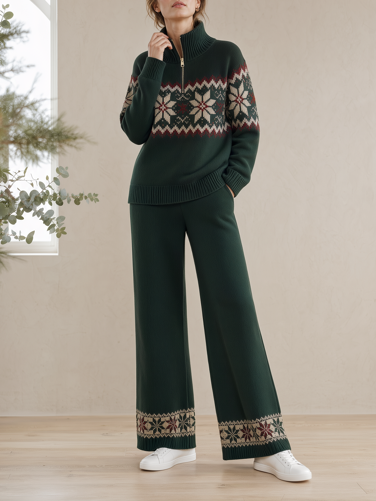 Dark Green Fair Isle Half-Zip Sweater & Knit Wide-Leg Pants Set