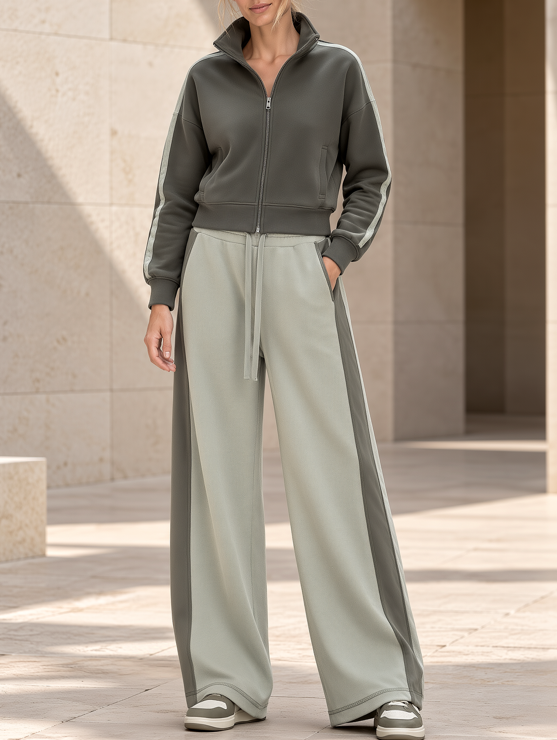 Grey-green Zip-up Jacket And Wide-leg Sweatpants Set