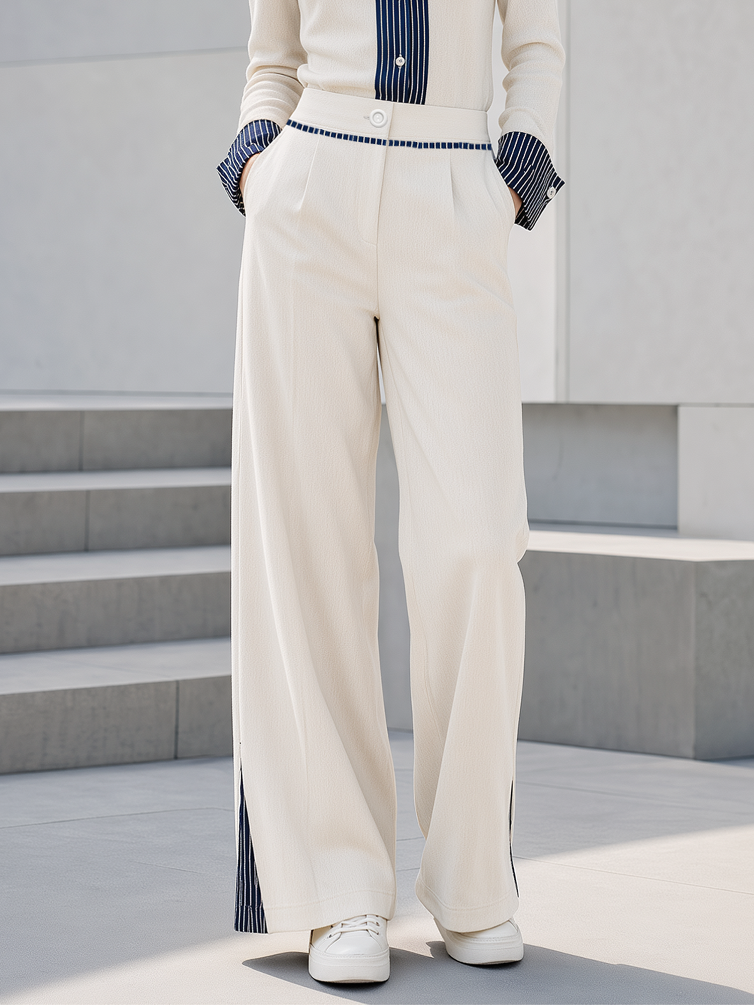 Beige Wide-leg Trousers With Contrasting Stripes And Side Slits
