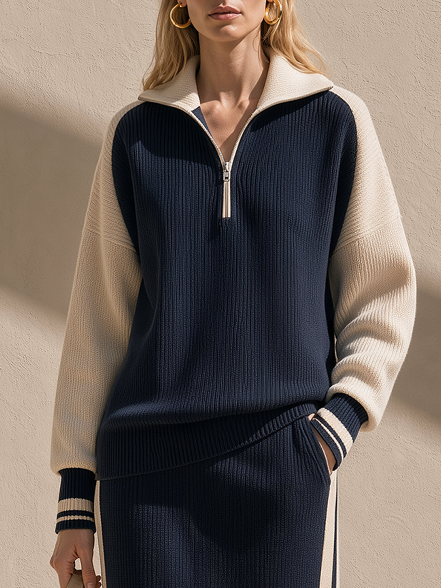 Navy Blue Color-Block Half-Zip Knit Top