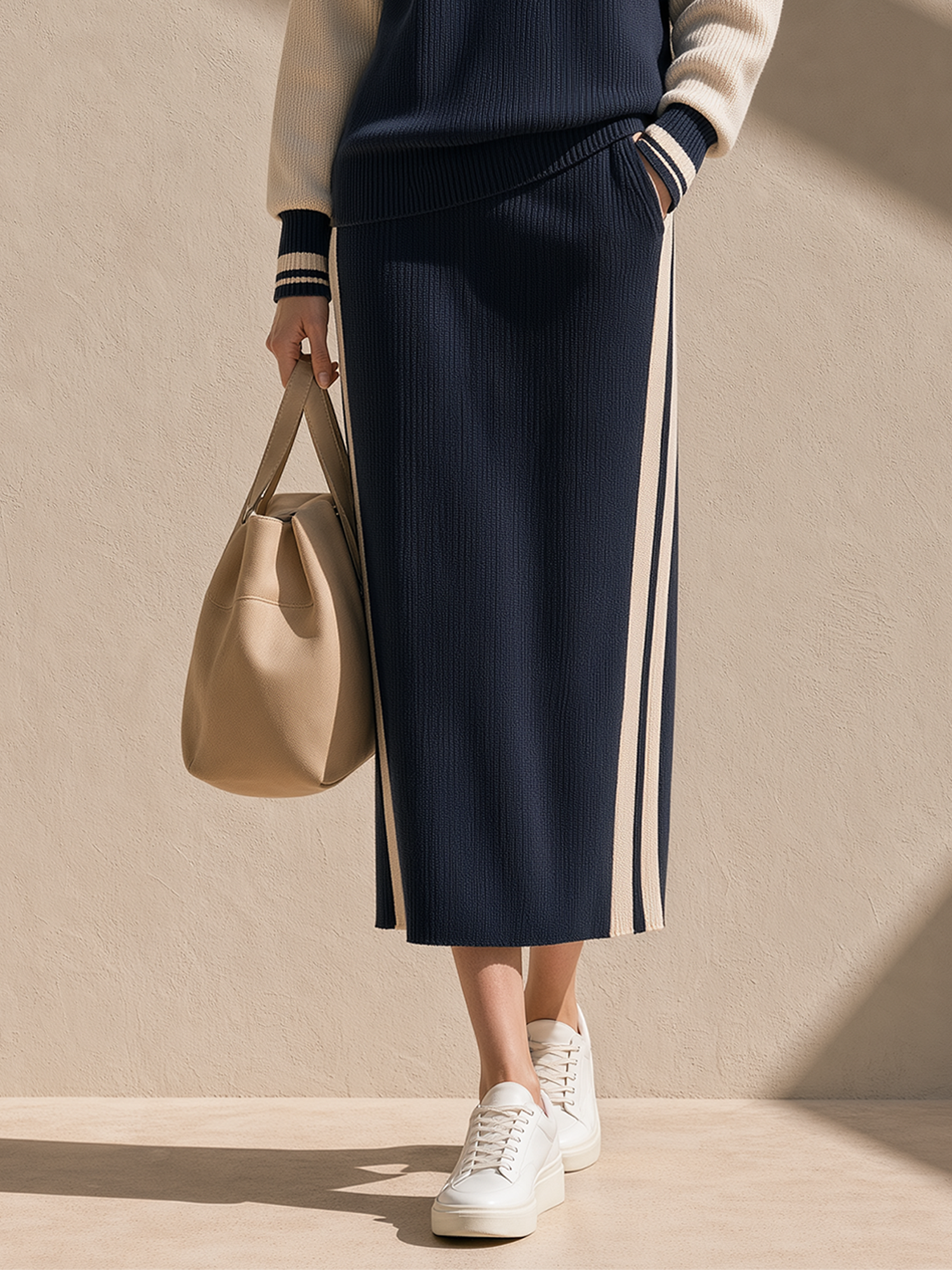 Stylish Navy Blue Color-Block Knit Skirt With Pockets