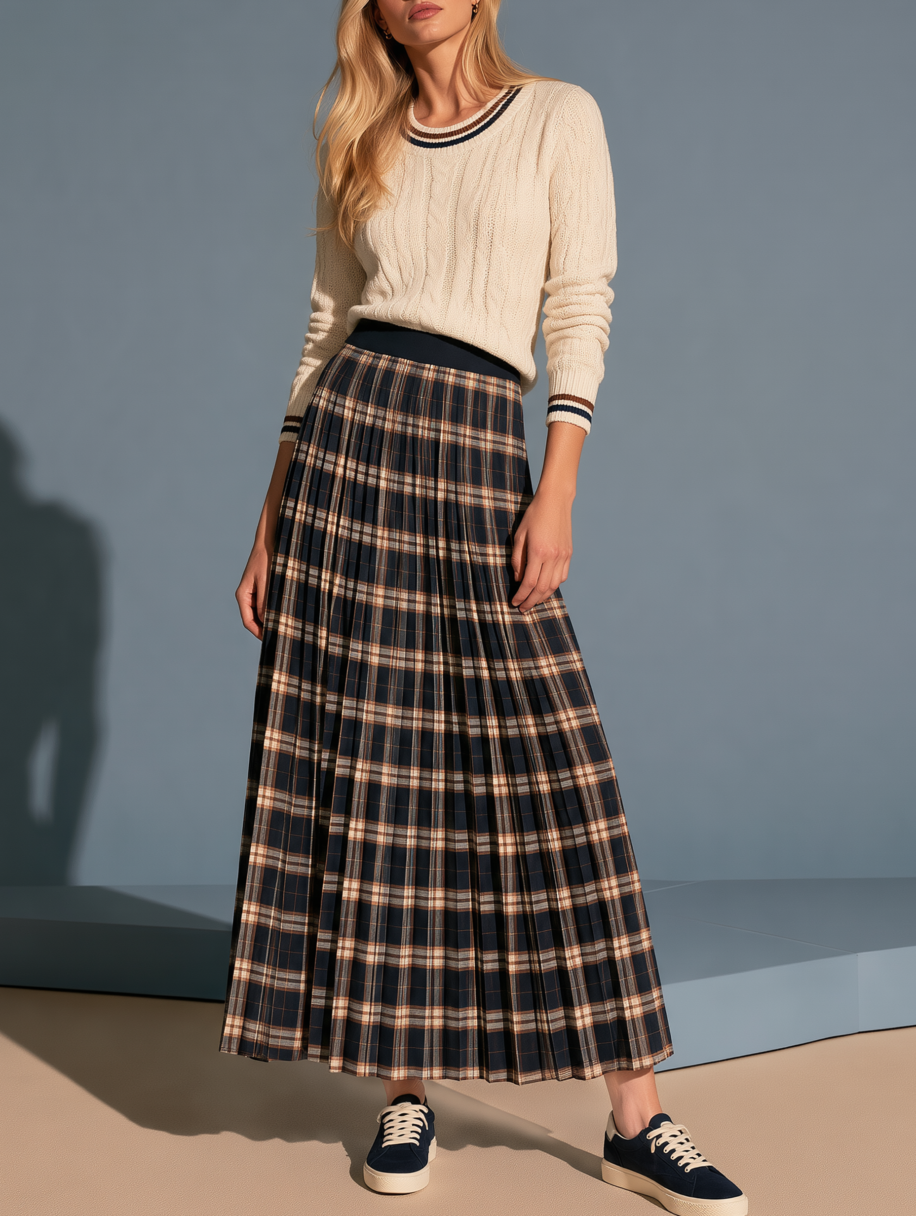 Beige Cable-knit Sweater And Plaid Pleated Midi Skirt Set