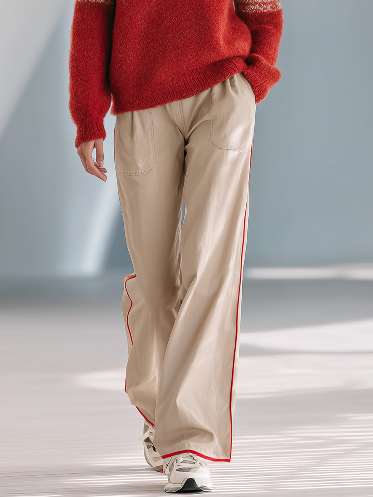 Stylish Casual Wide-leg Trousers In Khaki With Red Piping
