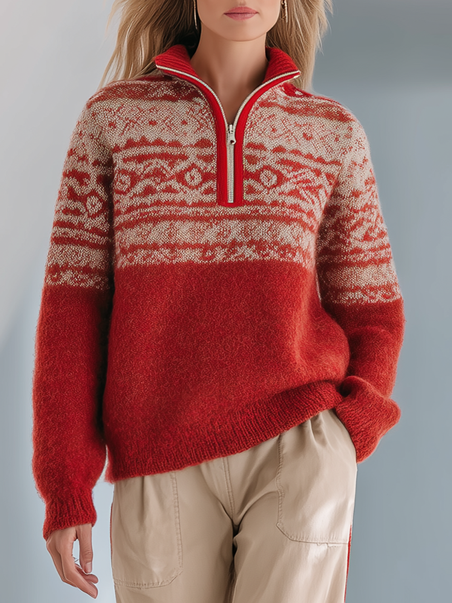 Stylish Red Fair Isle Style Half-zip Sweater