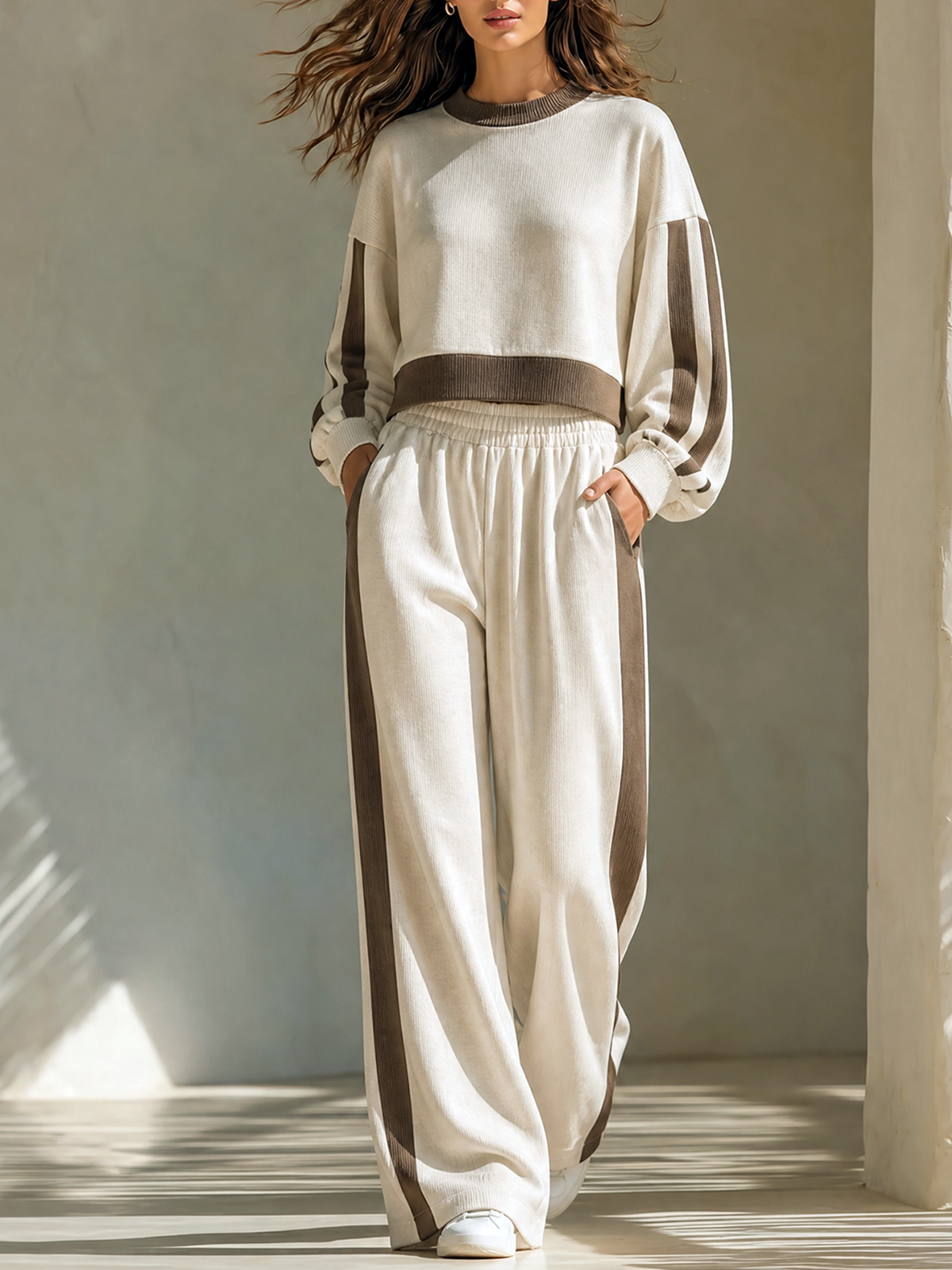 Oatmeal- Brown Color-block Crew Neck Long-sleeve Top And Wide-leg Pants Set