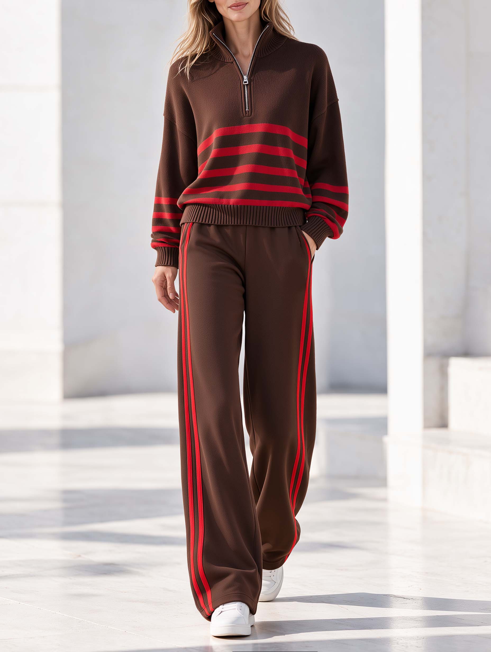 Brown And Red Color-block Striped Long-sleeve Half-zip Sweater And Trousers Set