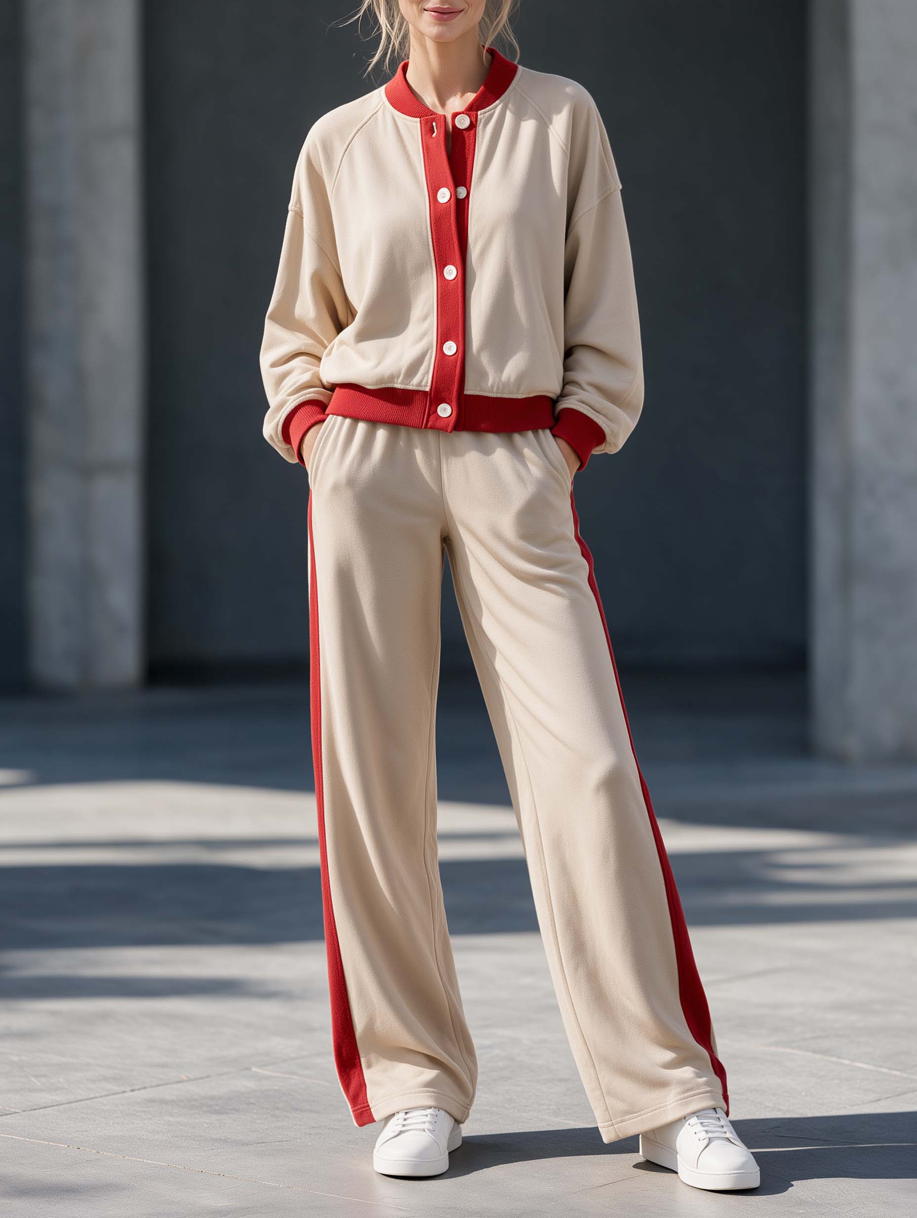 Stylish Long-sleeved Jacket And Trousers Casual Set Featuring A Khaki And Red Color-block Design
