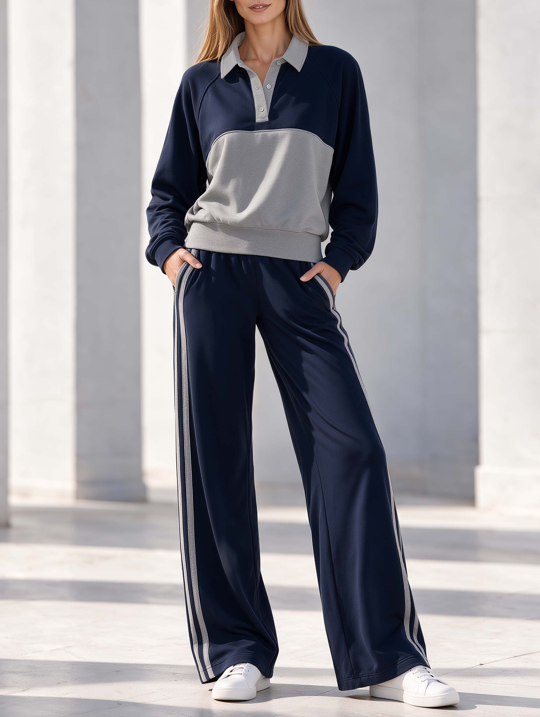 Navy And Grey Color-block Long-sleeved Collared Top And Trousers Set