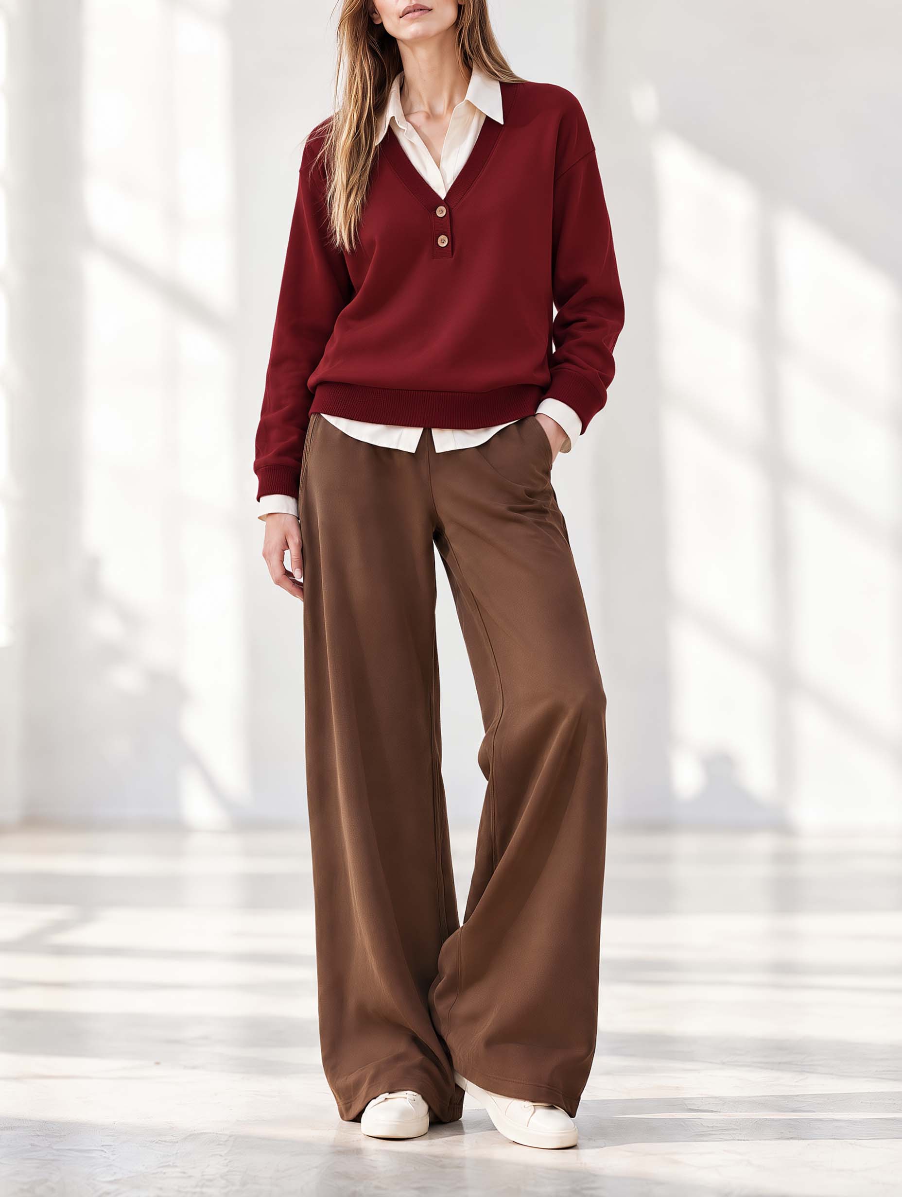 Red V-neck Long-sleeve "faux-layered" Top And Brown Wide-leg Trousers Set