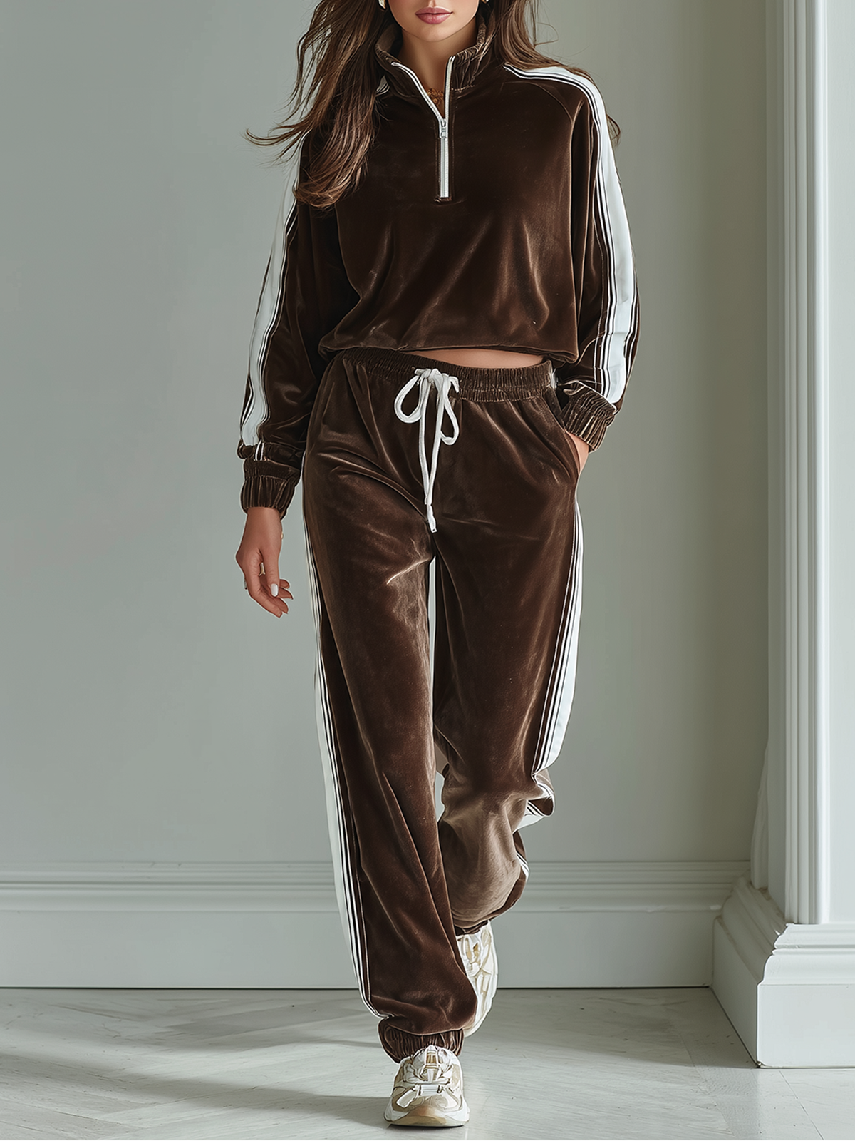 Brown-White Velvet Color-block Stand Collar Half Zip Long-sleeve Top Jogger Pants Set