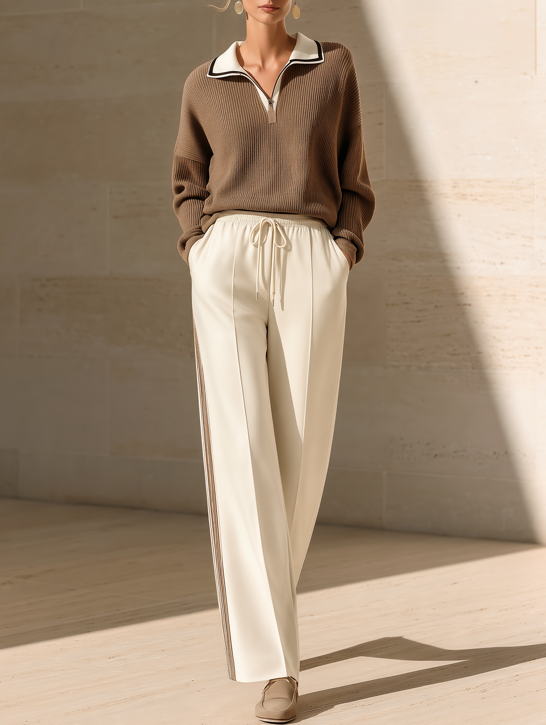 Brown Half-zip Sweater And Off-white Wide-leg Trousers Set