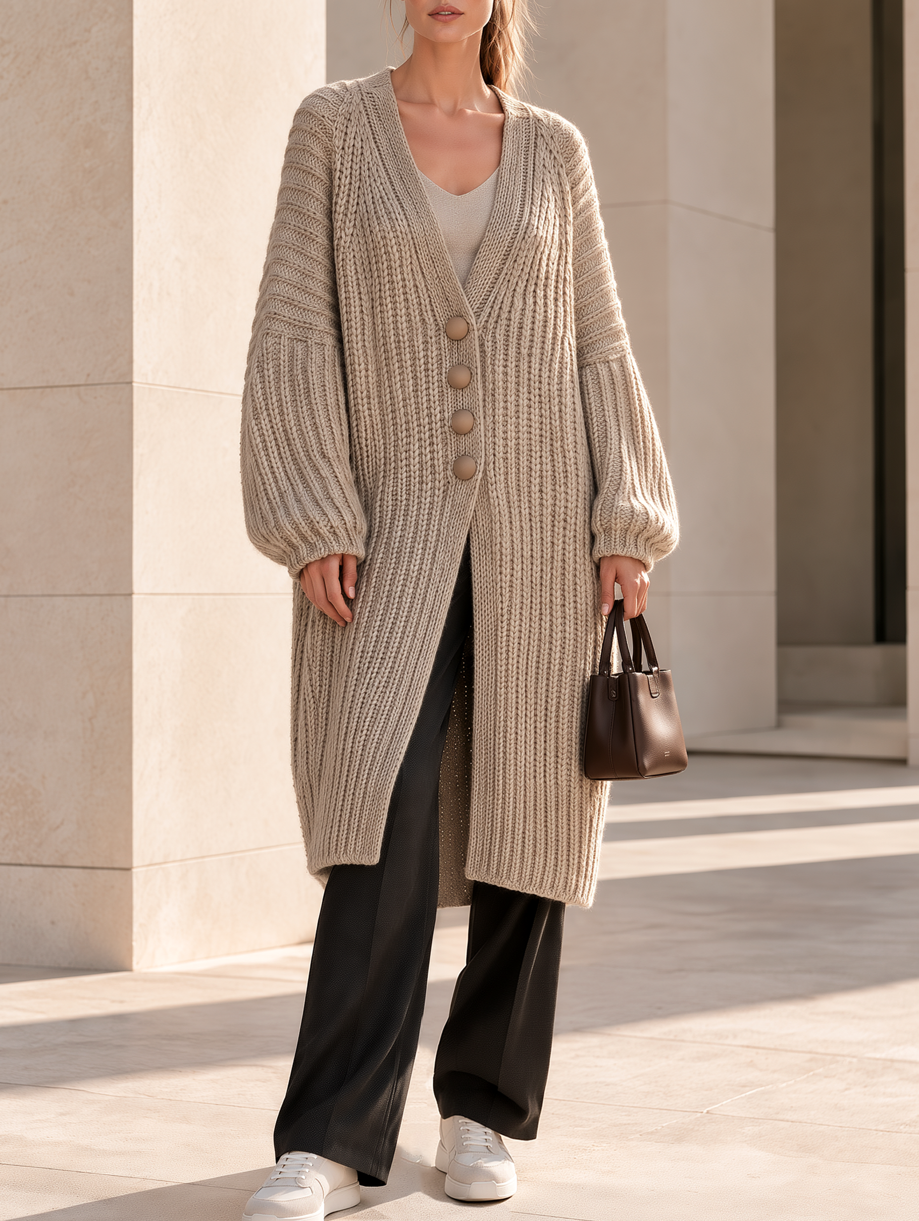 Loose-fitting Khaki Long-line Knitted Button-up Cardigan
