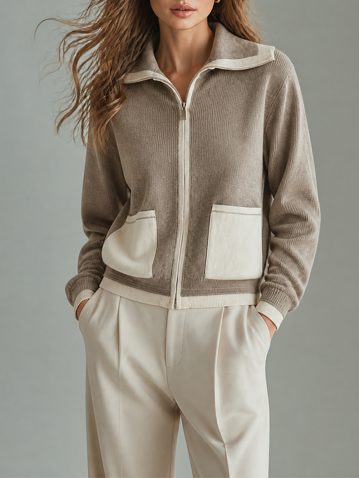 Oatmeal-White Color-Block Lapel Collar Zip Up Long-sleeve Patch Pocket Knit Cardigan