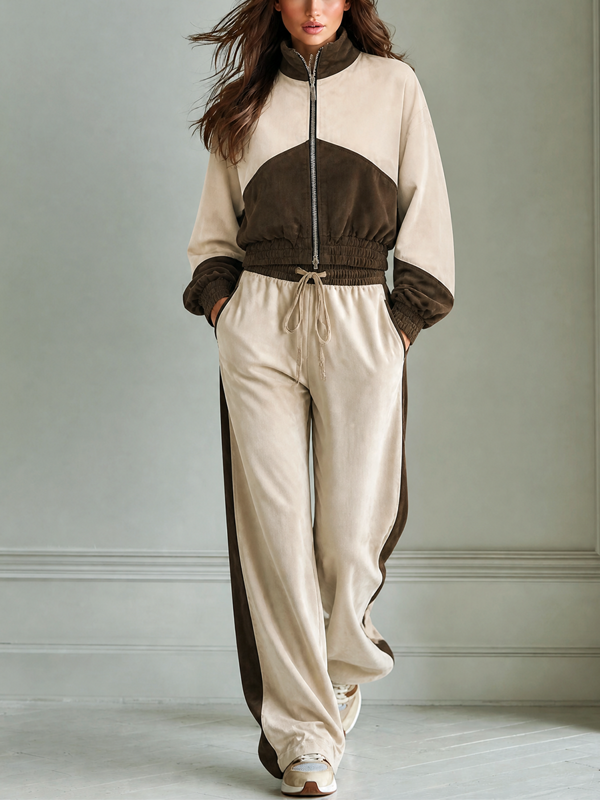 Oatmeal- Brown Color-block Stand Collar Zip Up Long-sleeve Jacket Wide-leg Pants Set