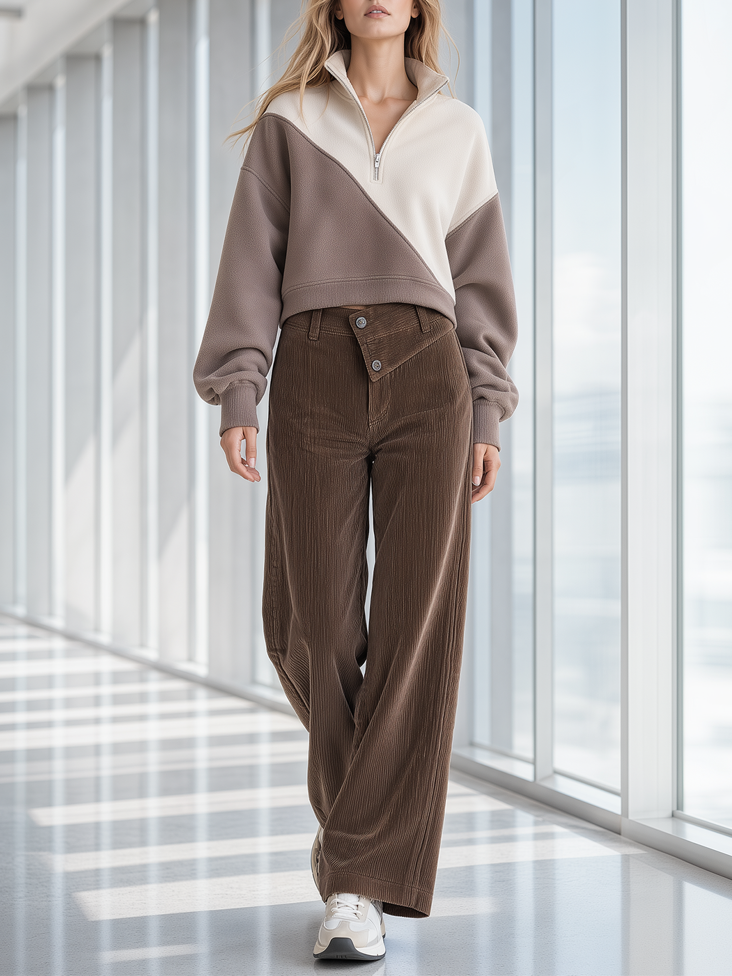 Brown Color-block Half-zip Fleece Sweatshirt And Corduroy Wide-leg Pants Set
