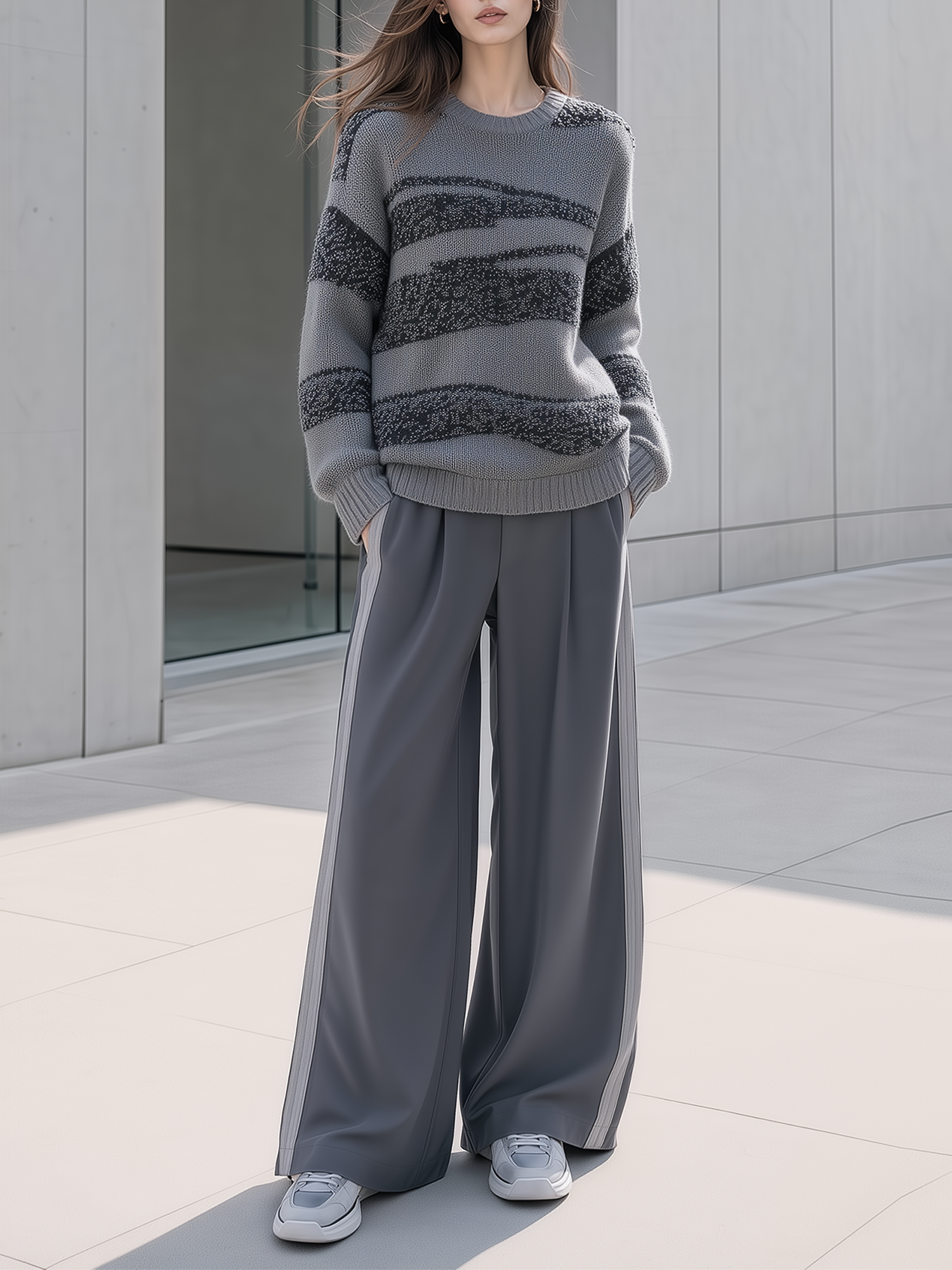 Stylish Grey-black Marl Crew-neck Sweater Paired With Wide-leg Trousers