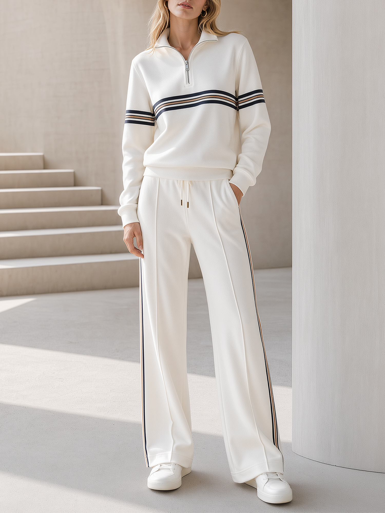 White Striped Half-zip Sweatshirt And Matching Wide-leg Trousers Set
