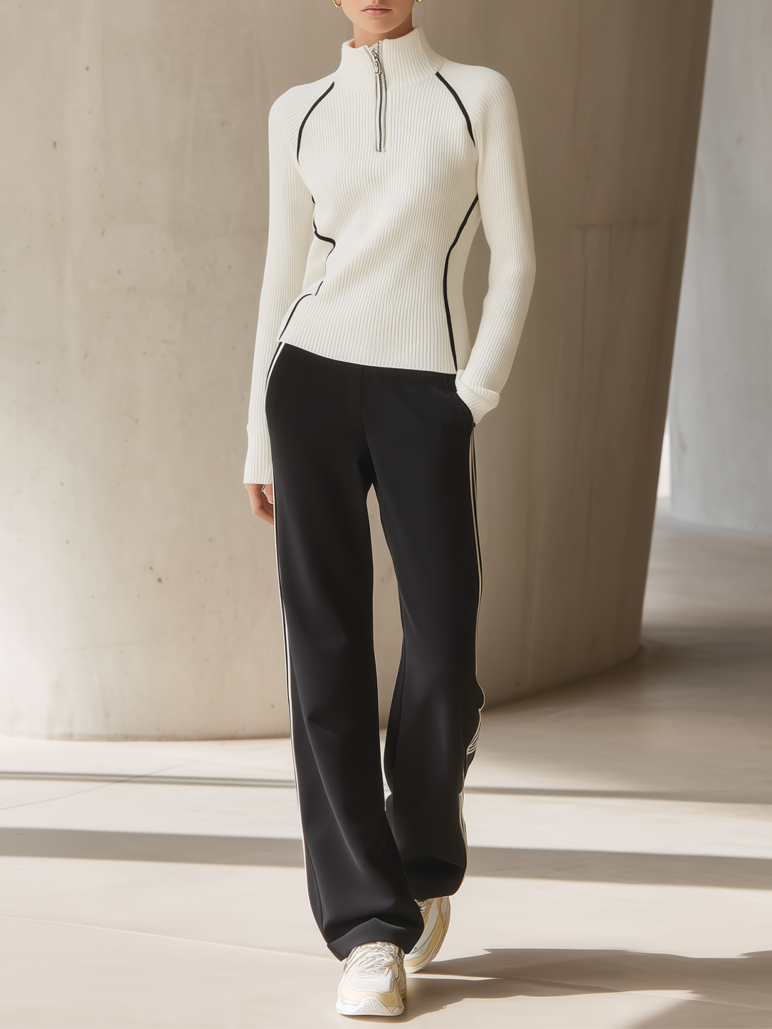 Off-white Fitted Mock-neck Knit Top Paired With Black Wide-leg Casual Trousers