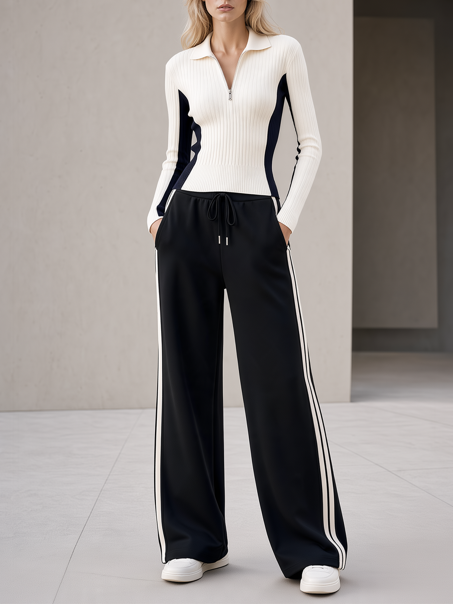 Black And White Color-block Collared Slim-fit Knit Top And Wide-leg Trousers Set
