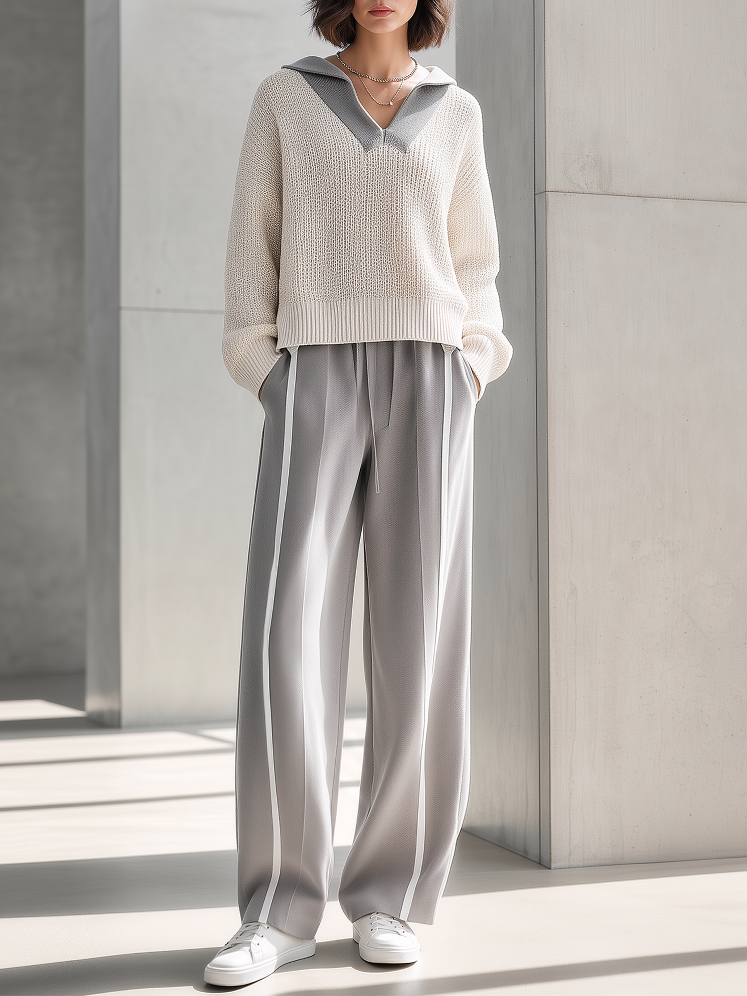 Off-white And Grey Color-block Knit Top Paired With Wide-leg Casual Trousers