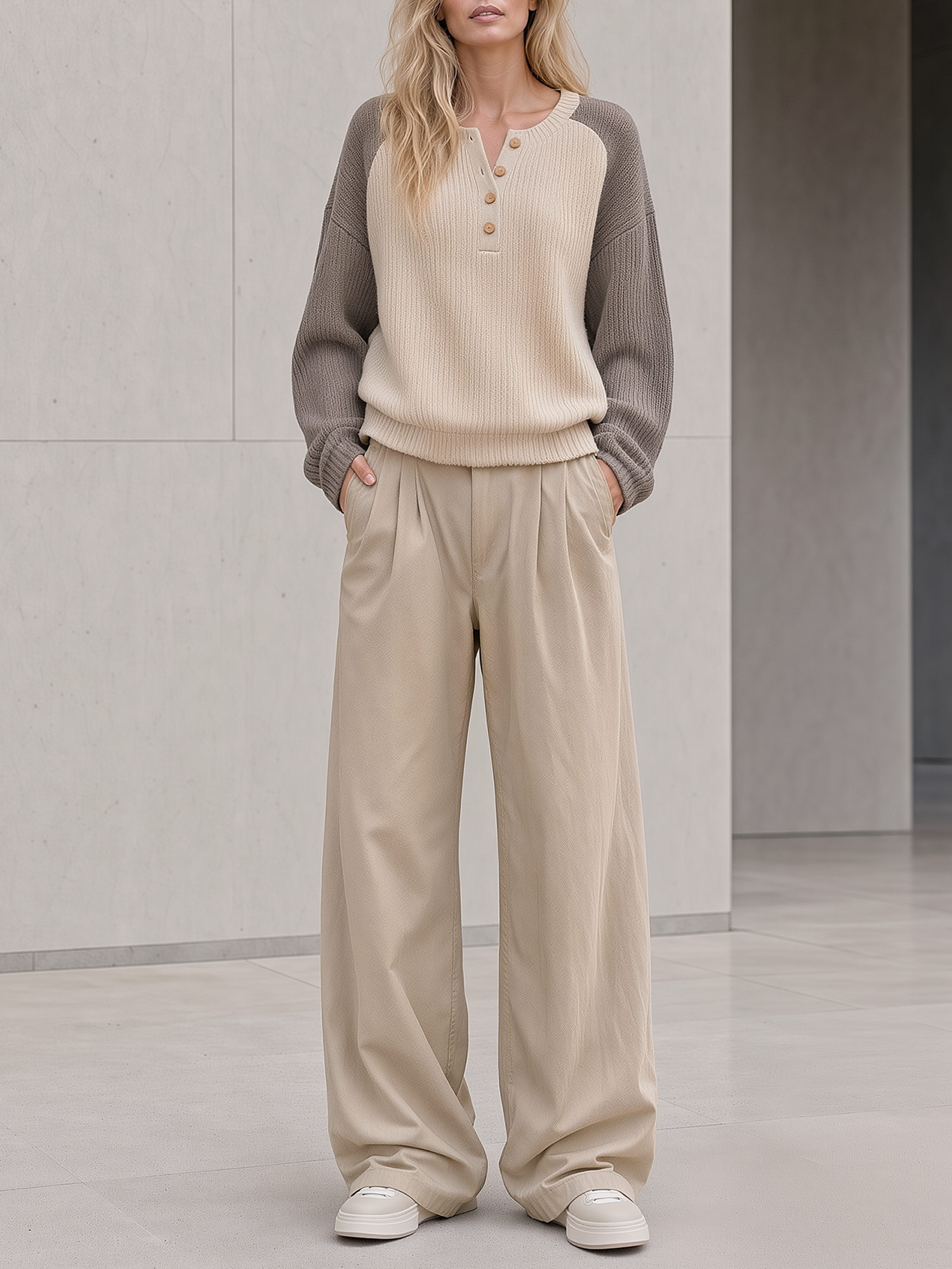 Oatmeal-colored Color-block Henley Knit Top Paired With Khaki Pleated Wide-leg Casual Trousers