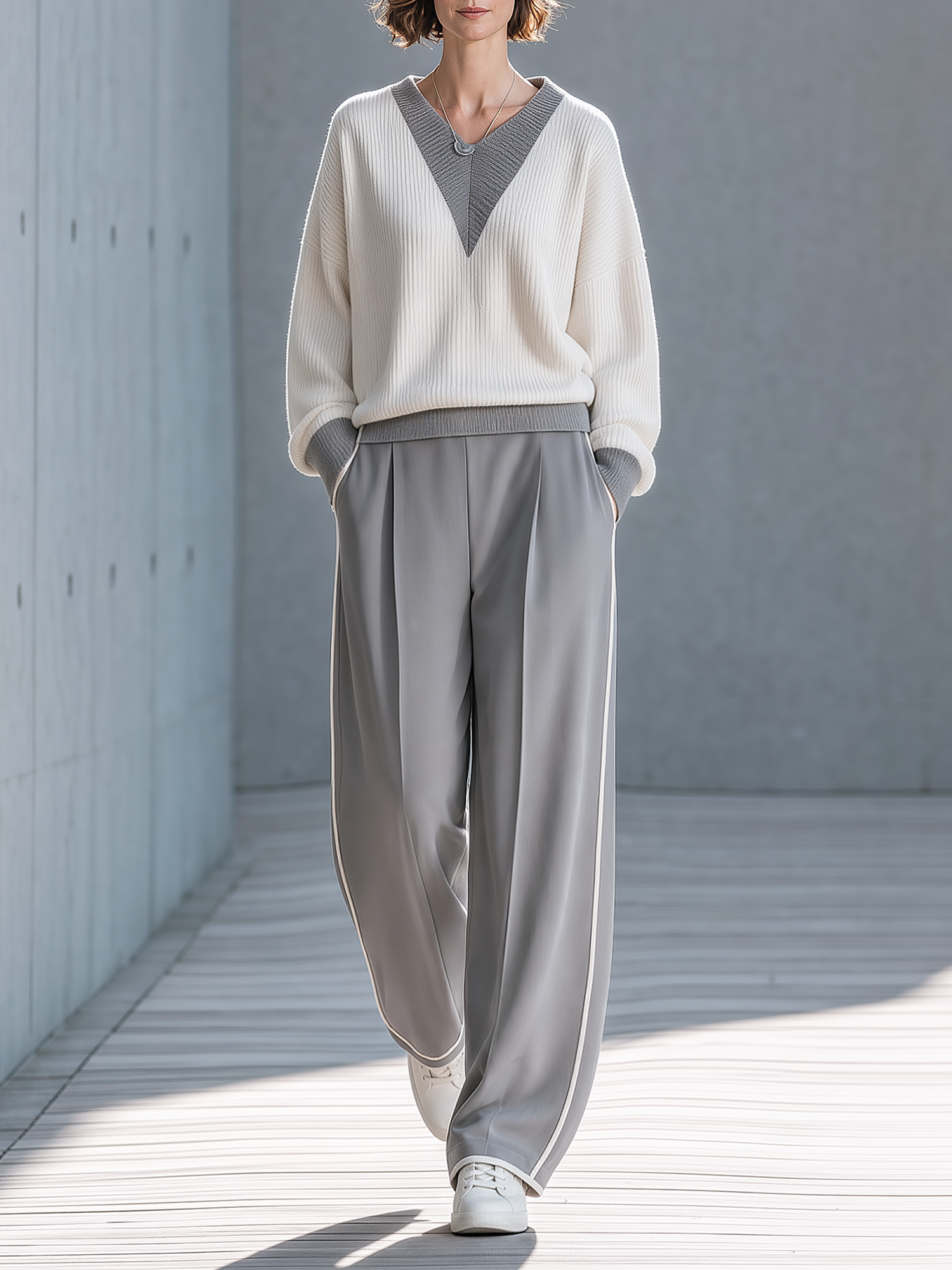 White And Grey Color-block V-neck Sweater Paired With Grey Wide-leg Trousers.