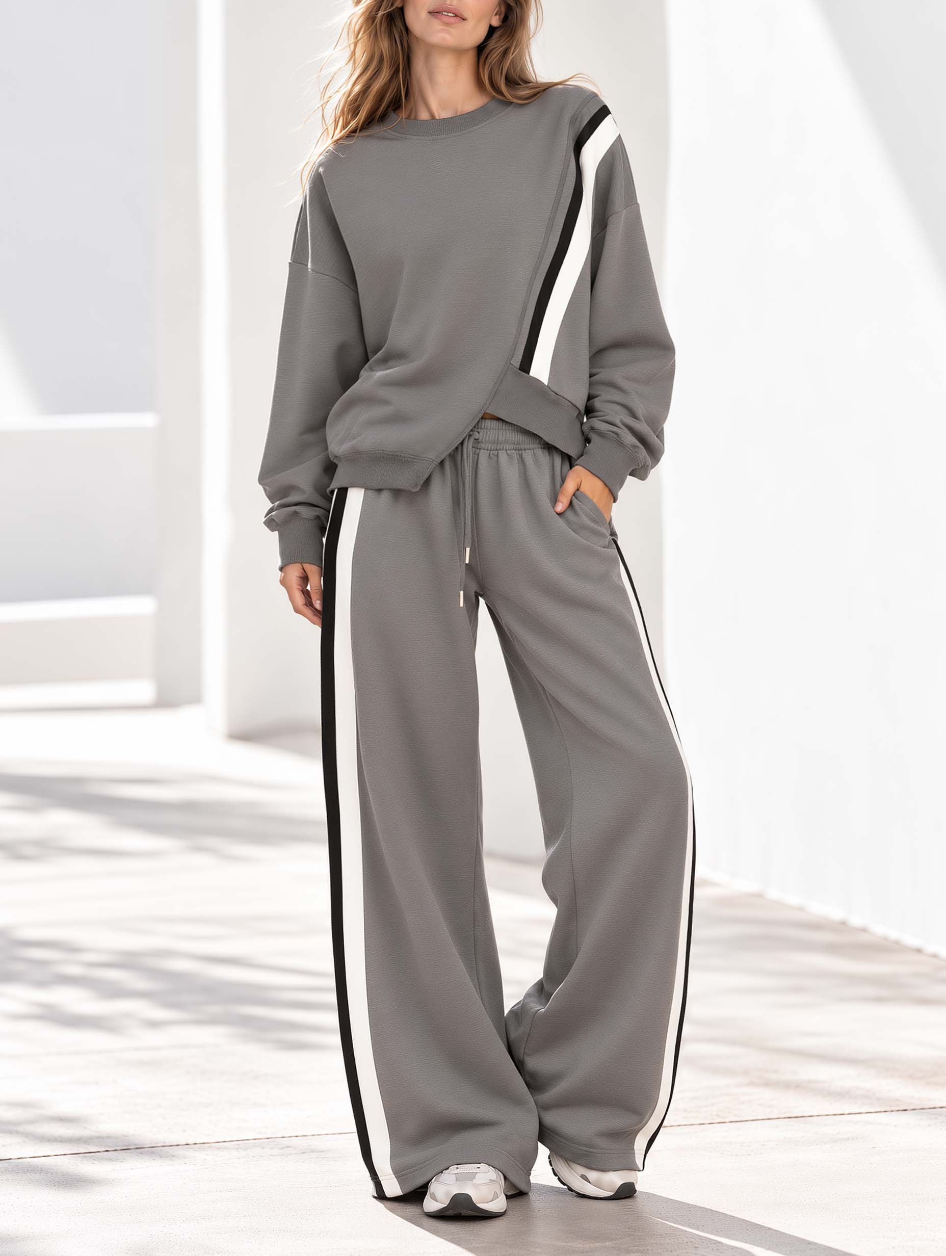 Grey Long-sleeved Top With An Asymmetrical Hem And Wide-leg Trousers Set