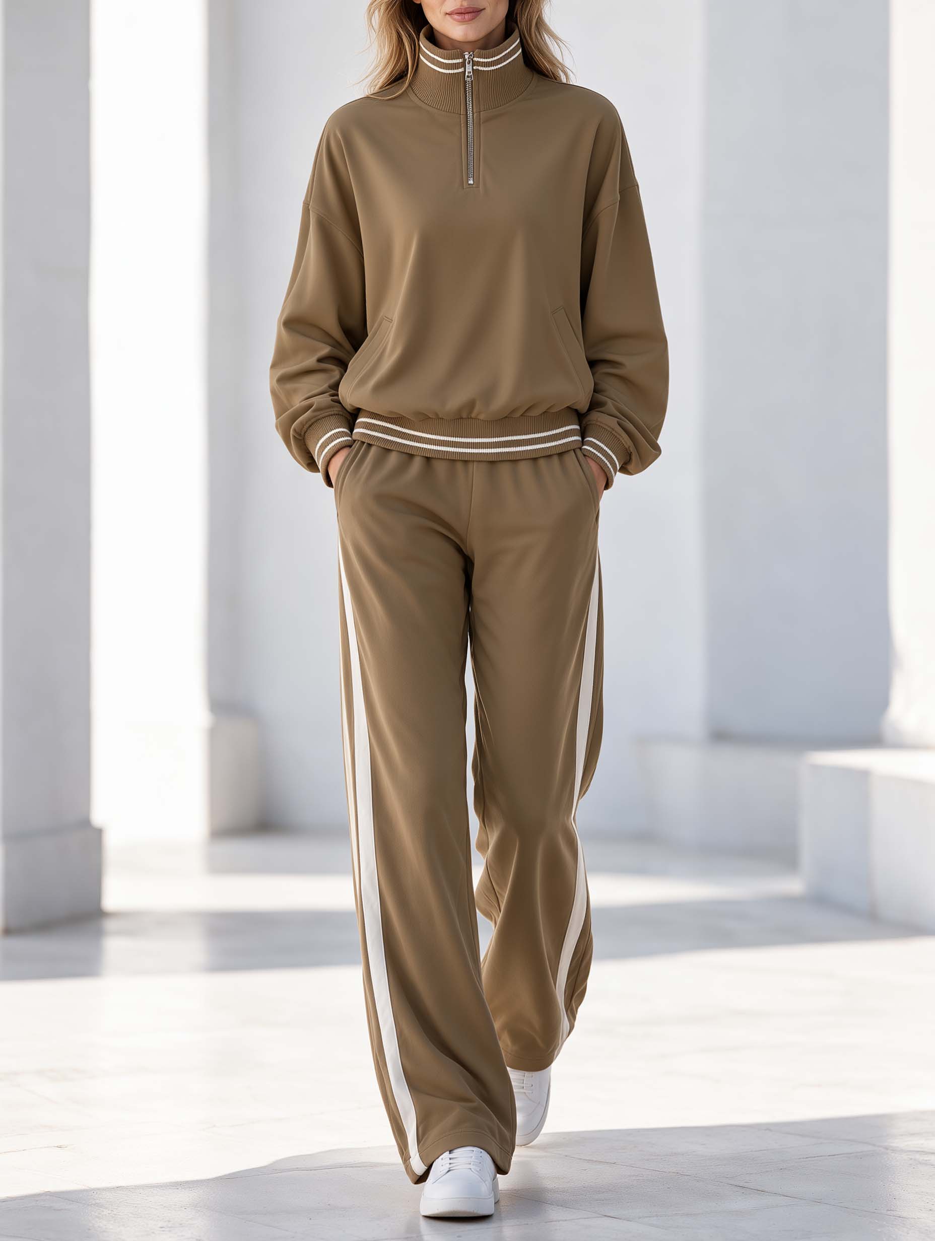 Stylish Light-Athleisure Set: Khaki Long-Sleeve Half-Zip Top And Color-Block Pants