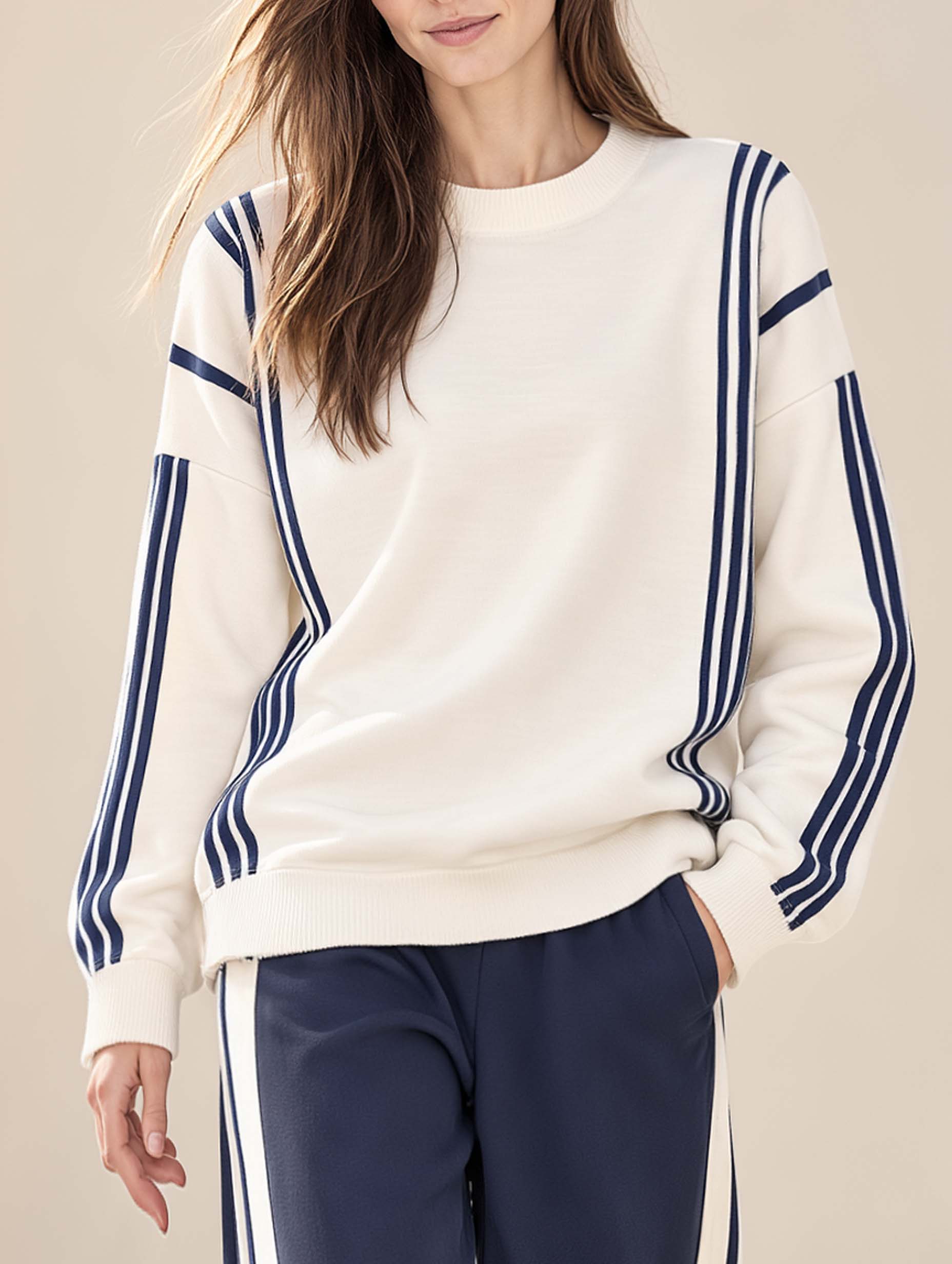 Stylish Off-white Long-sleeve Casual Top With Navy Blue Stripes