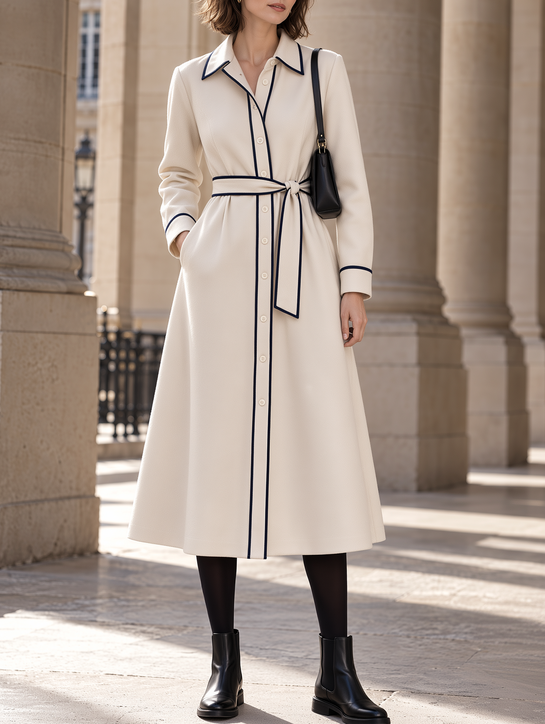 Women's Beige Long-Sleeve Tie-Waist Midi Dress For Autumn/Winter