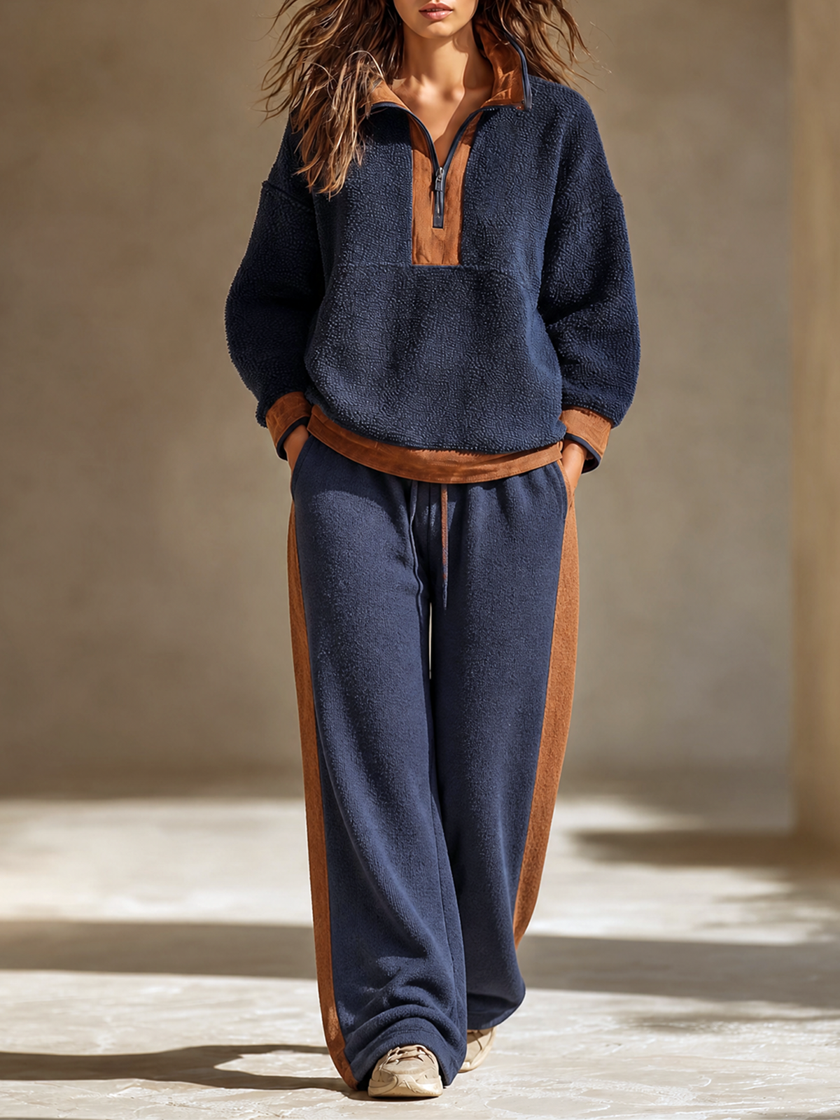 Navy-Brown Sherpa Fleece Color-block Stand Collar Zip Up Long-sleeve Top Wide-leg Pants Set