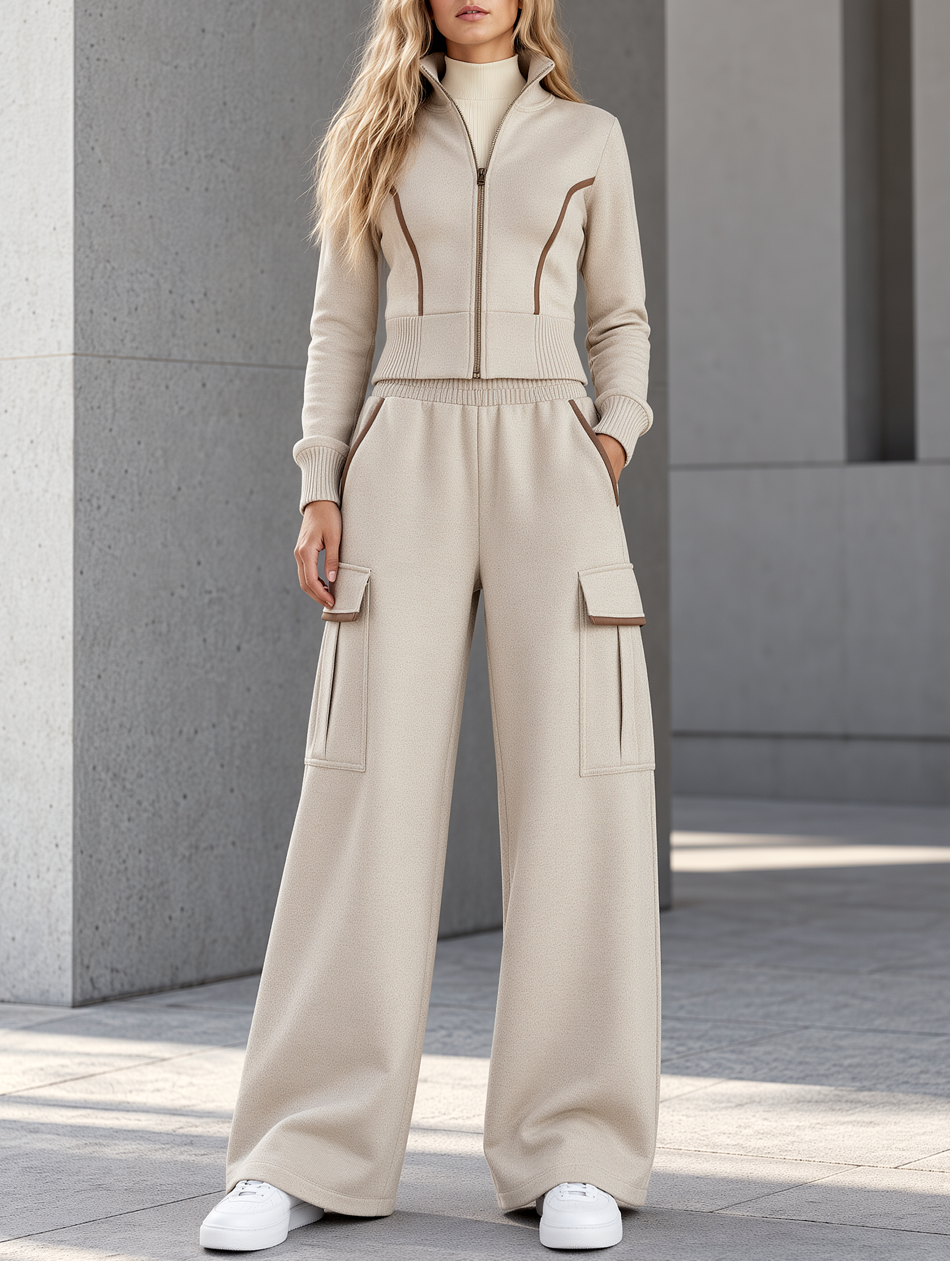 Women's Oatmeal-Trimmed Zip-Up Jacket And Cargo Pants Set