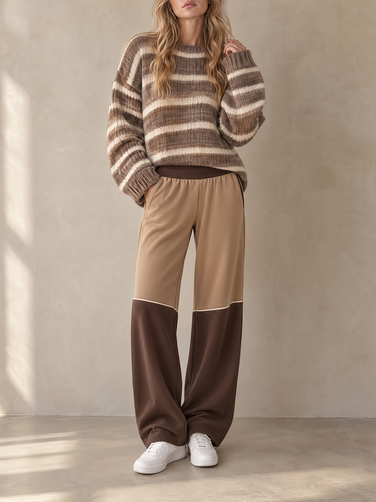 Brown Striped Knit Sweater & Color Block Wide-Leg Pants Set