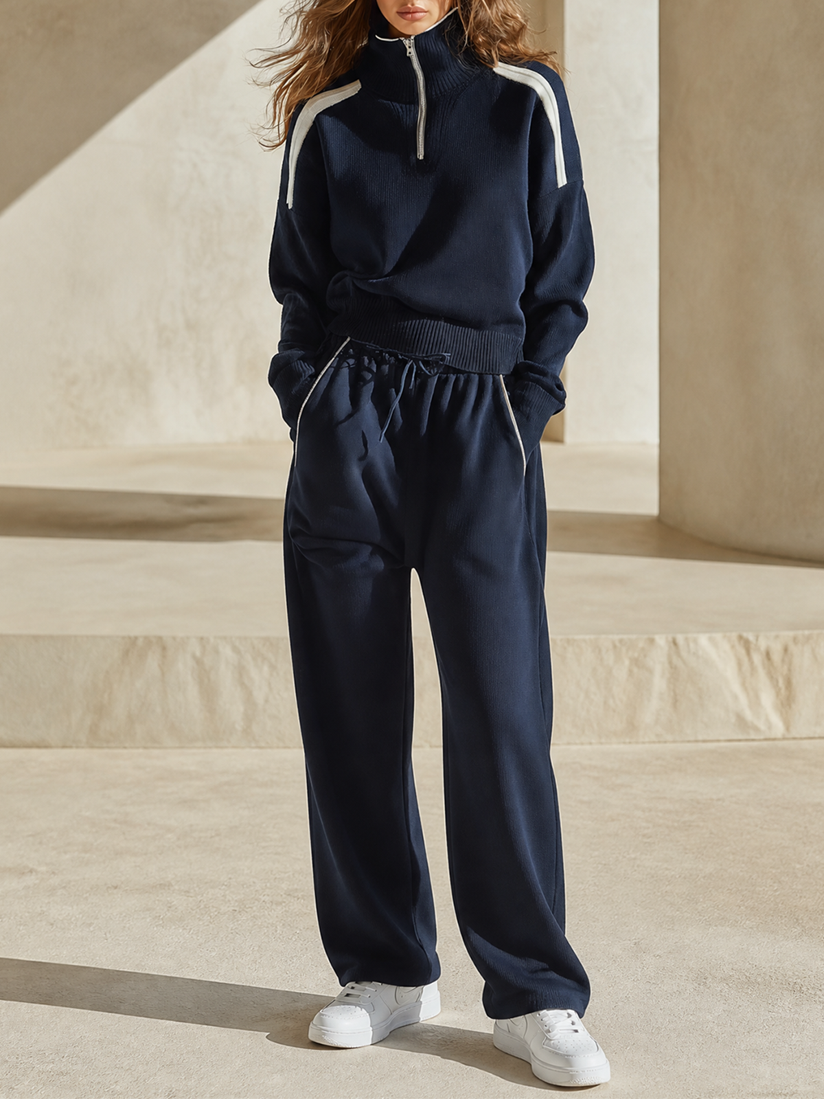 Navy Contrast Trim Stand Collar Zip Up Long-sleeve Sweater Wide-leg Pants Knit Set